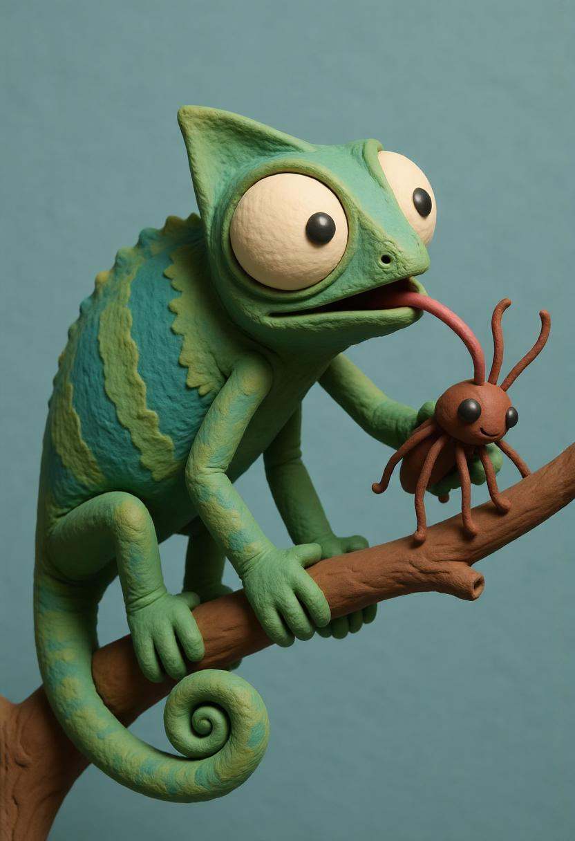 A claymation chameleon gripping a branch,  its curled clay tail and scaly body shifting in colors from green to blue,  wit...