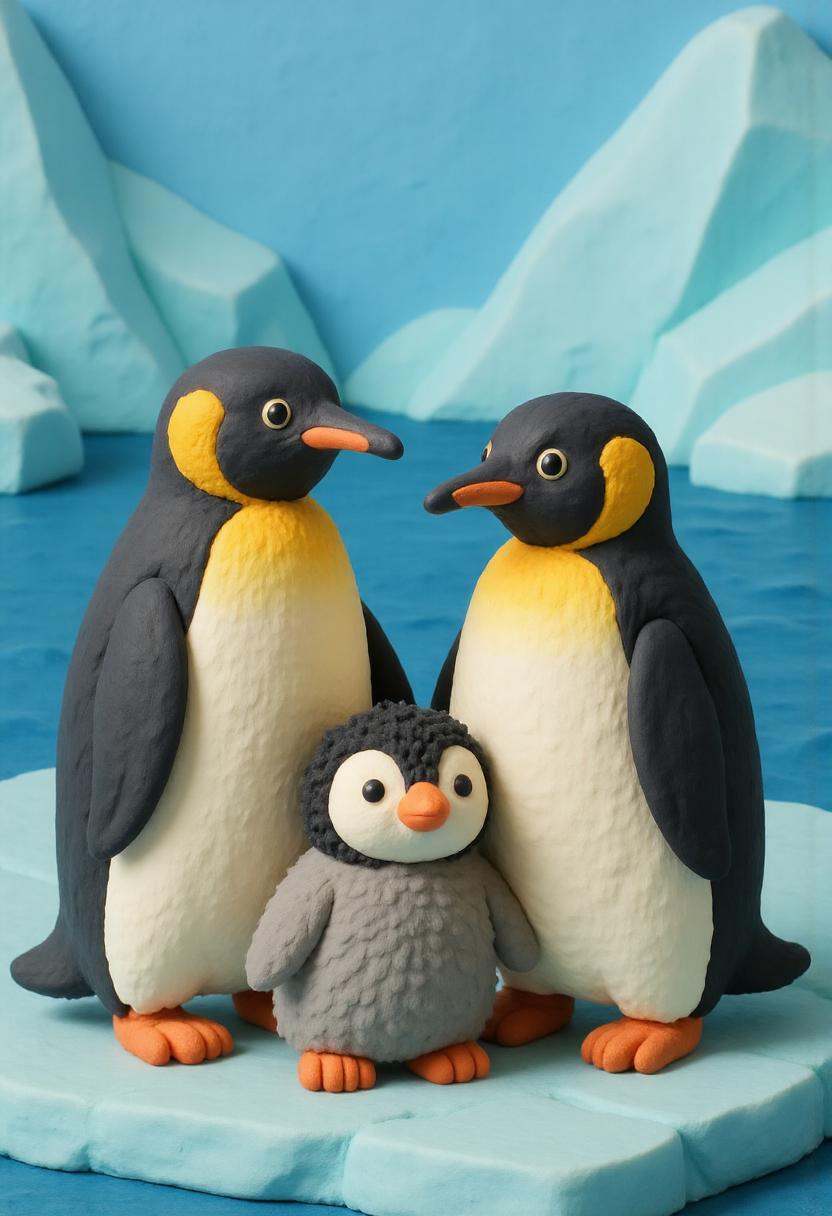 A claymation penguin family huddled on an icy blue glacier,  the ***** penguins with smooth black and white clay bodies an...