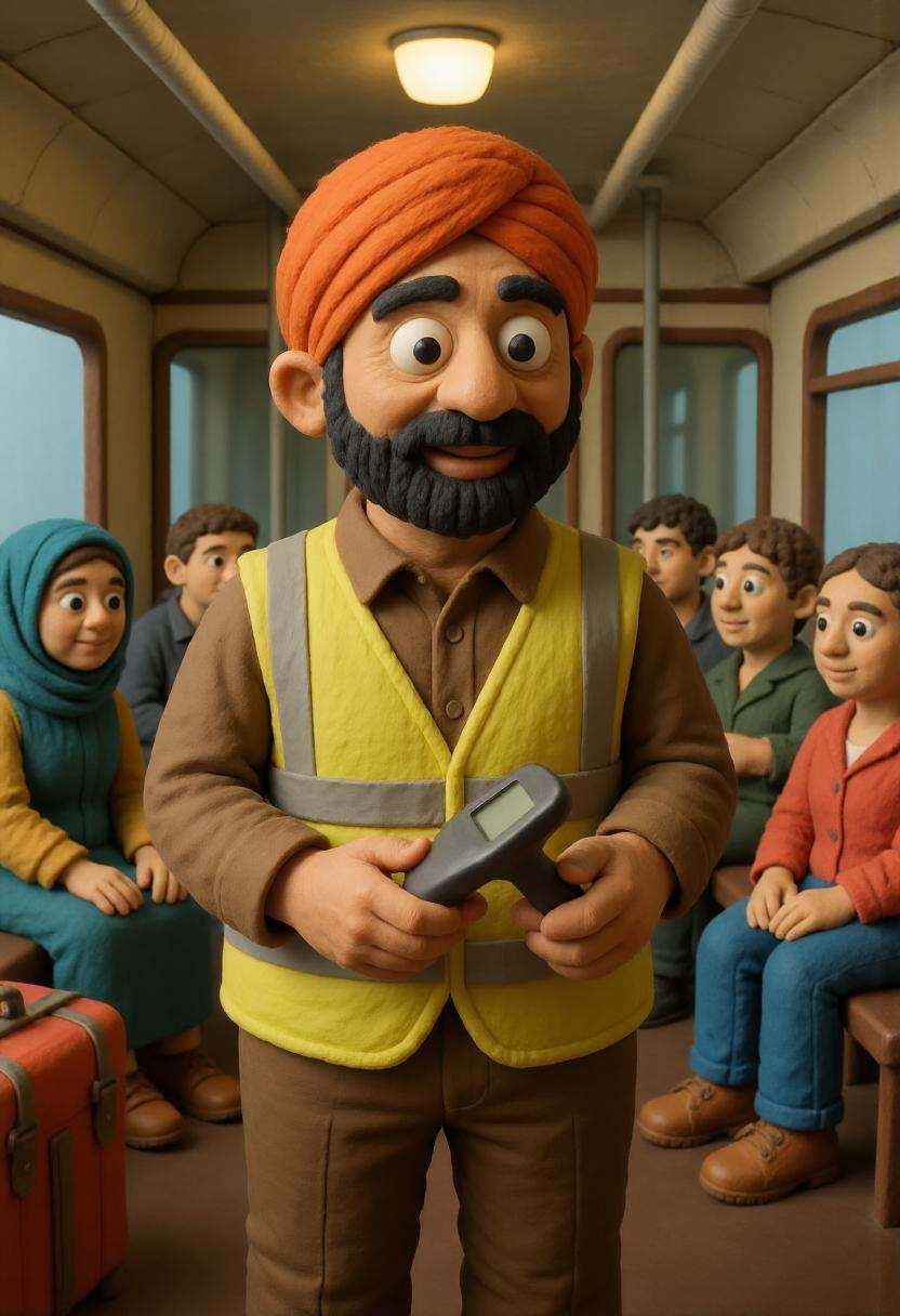 A claymation Sikh man wearing a turban and a reflective vest,  working as a train conductor,  checking tickets with a hand...
