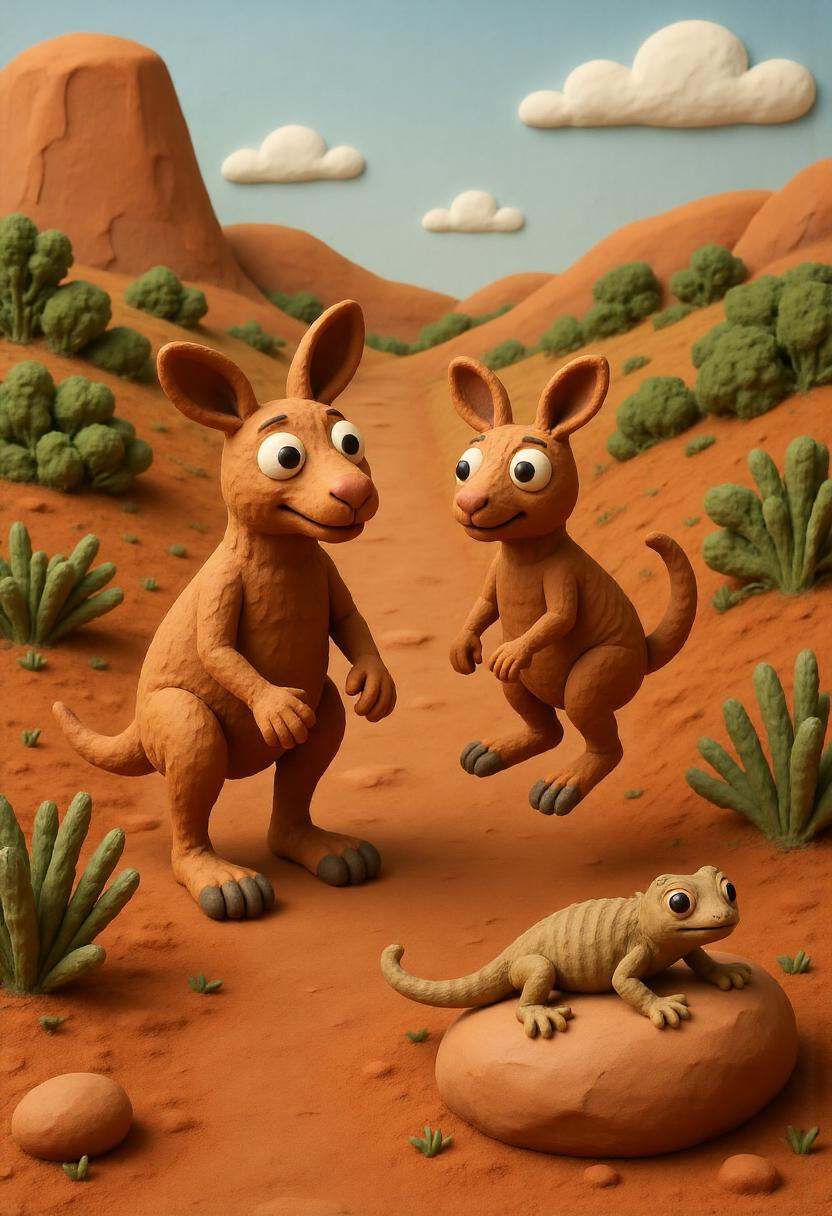 A claymation kangaroo and joey bouncing across the red clay terrain of the Australian outback,  with scrubby bushes,  a di...