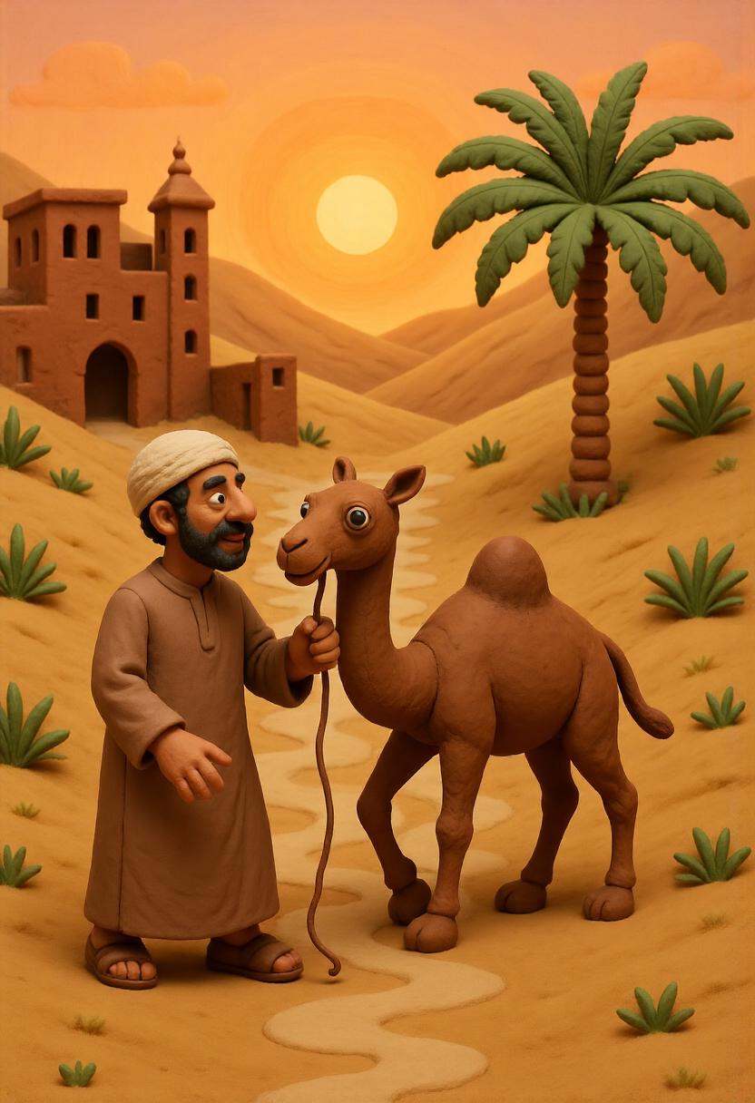A claymation Moroccan man in a djellaba leading a camel through a sandy desert path at sunset,  with low clay dunes,  a cr...