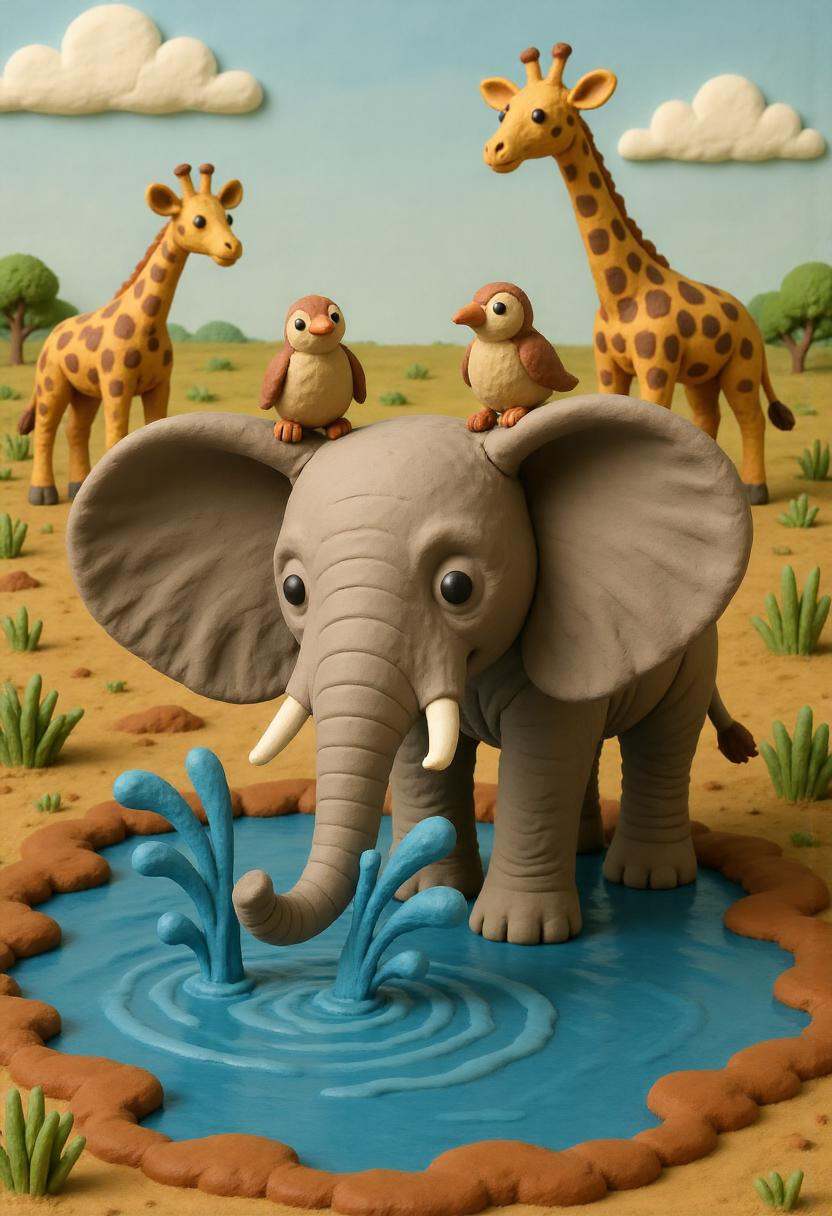 A claymation elephant splashing water with its trunk at a muddy watering hole,  its large gray clay ears flared out,  with...