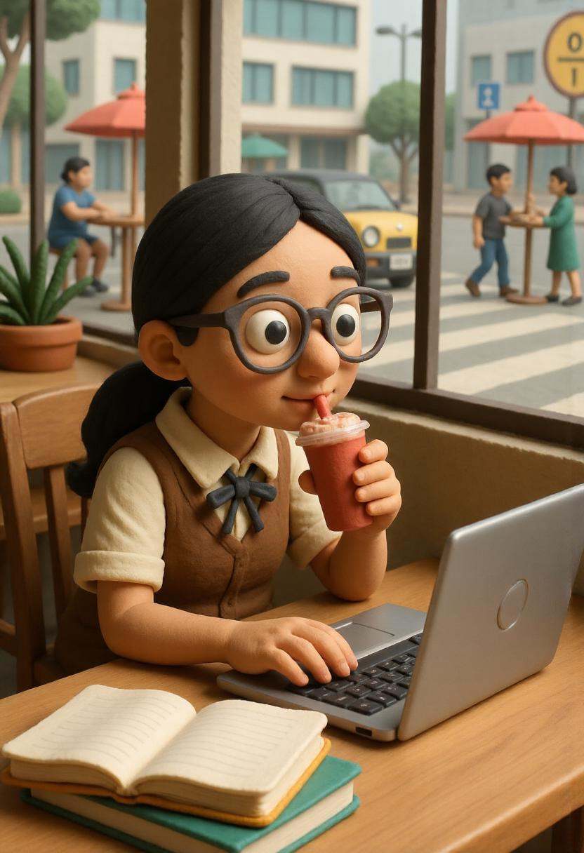 A claymation teenage Korean girl wearing a school uniform and large glasses,  sitting in a coffee shop with textbooks spre...
