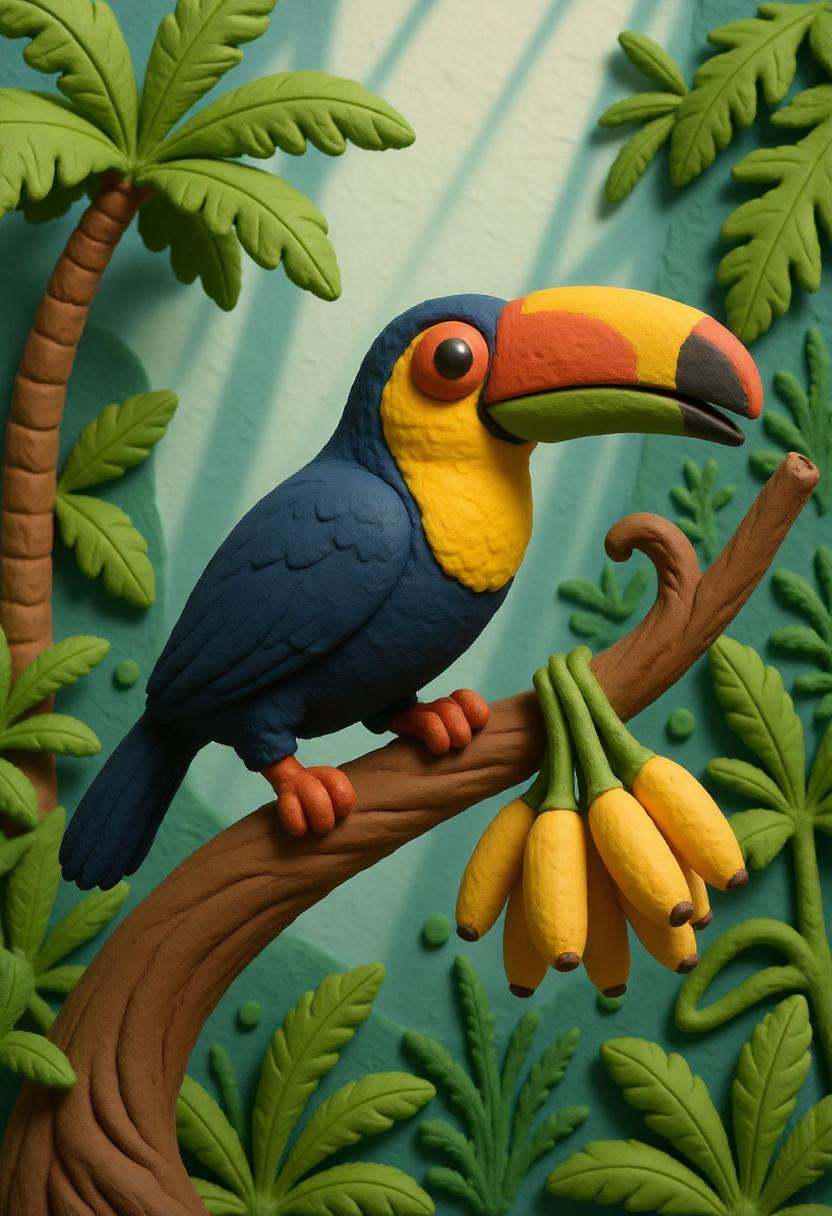 A claymation toucan with an oversized,  multicolored beak perched on a twisting jungle branch,  surrounded by lush sculpte...