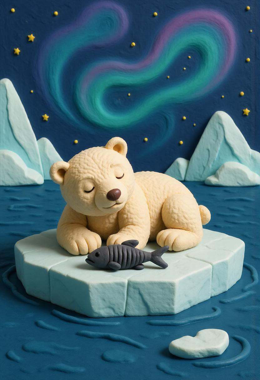 A claymation polar bear lounging on a drifting iceberg under a night sky filled with sculpted stars and a faint clay auror...
