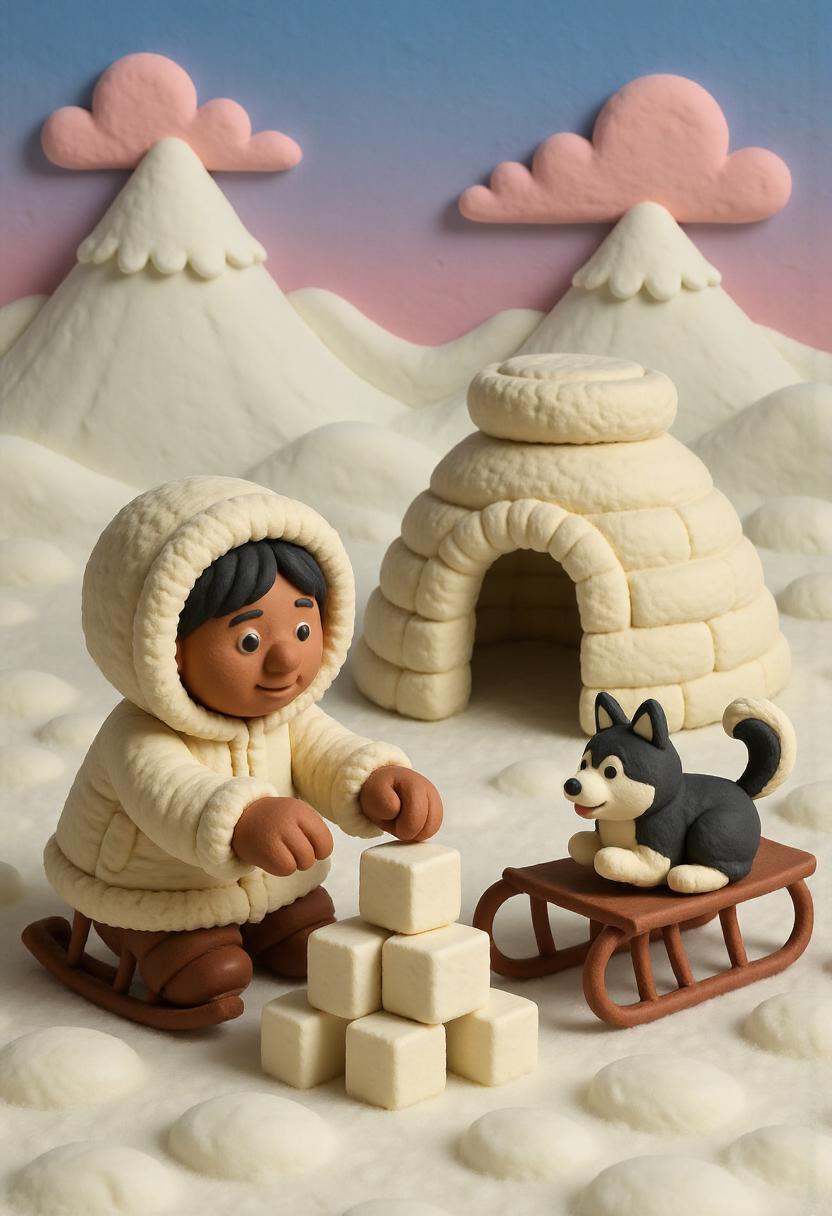 A claymation Inuit child dressed in a fluffy white parka,  building a snow fort with sculpted blocks of snow,  with a sled...