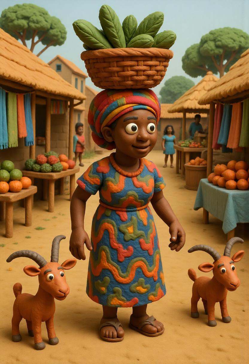 A claymation Nigerian woman in a vibrant patterned headwrap and dress,  carrying a basket of vegetables on her head throug...