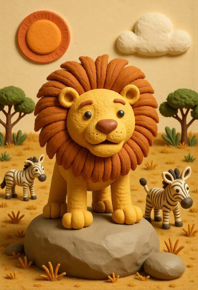 A claymation lion with a thick,  textured mane made of layered golden clay strands,  standing proudly atop a sculpted sava...
