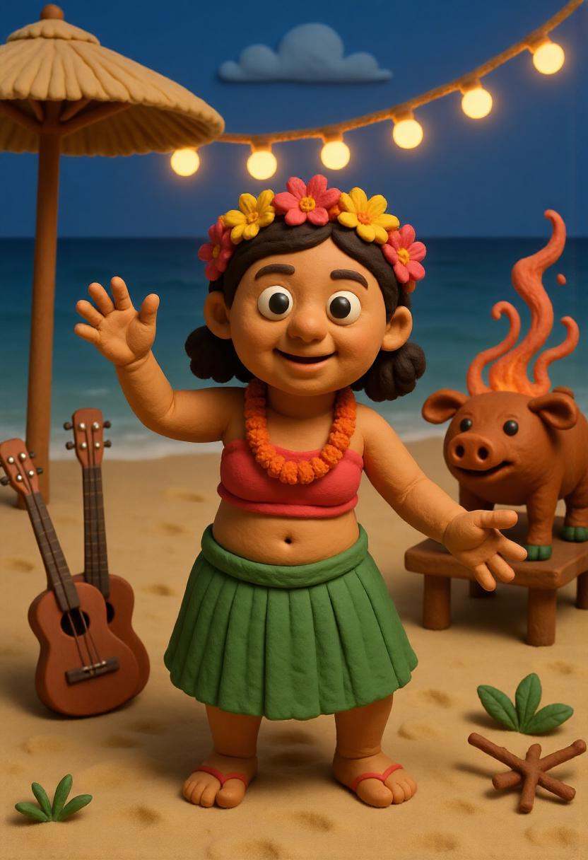 A claymation Hawaiian woman in a hula skirt and flower lei performing a dance at a beach luau,  with tiki torches,  ukulel...