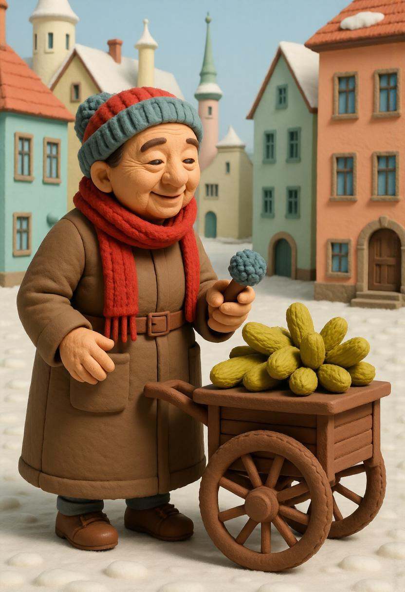 A claymation elderly Russian woman bundled in layers of scarves and a long wool coat,  selling hand-knitted socks and pick...
