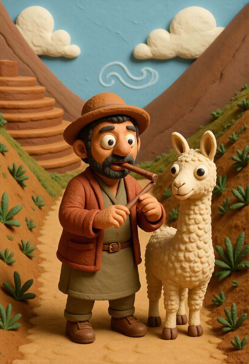 A claymation Peruvian man playing a pan flute in traditional Andean clothing on a mountain trail,  with a llama standing b...