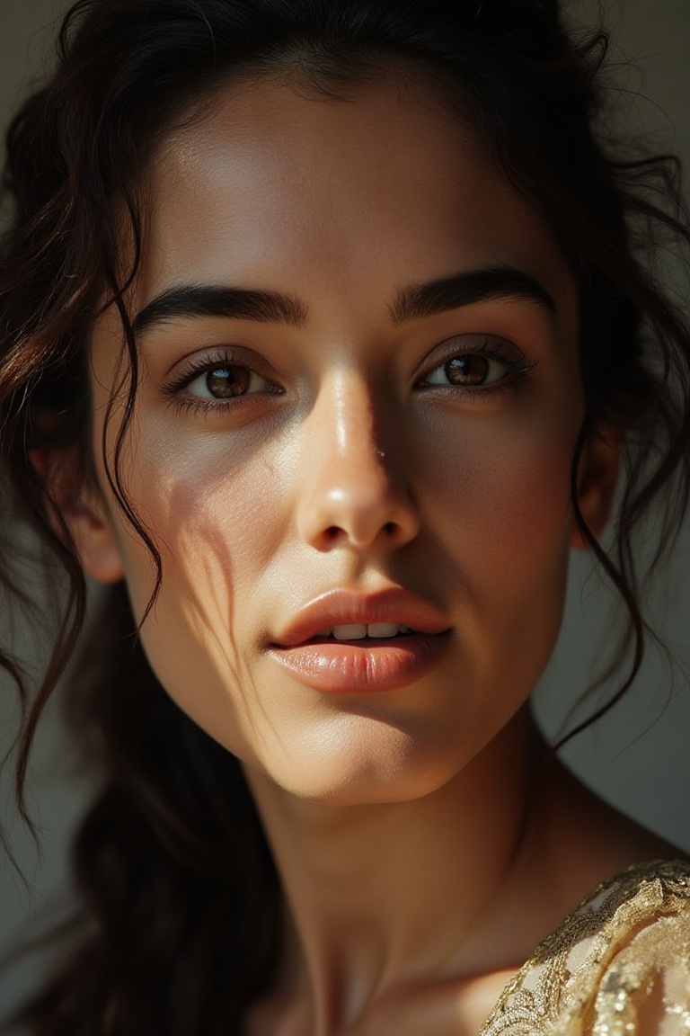 portrait inspired by Peter Lindbergh's photographic style of a woman looking directly into the camera. ** Lighting ** must...