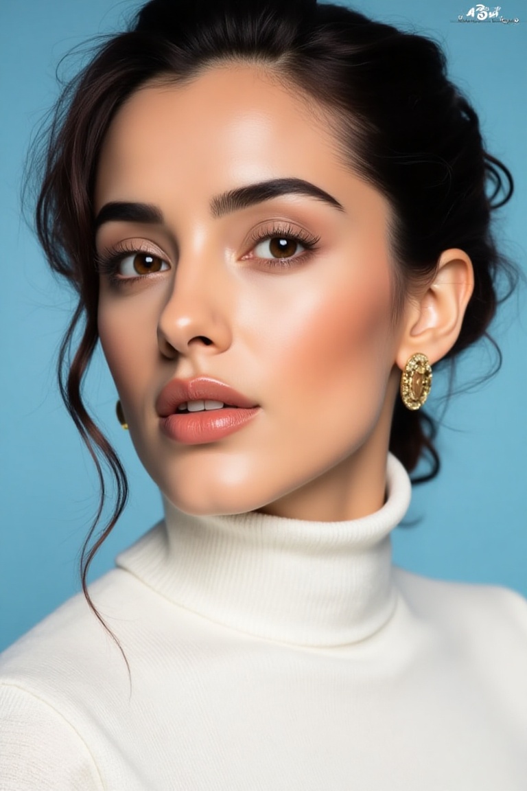 A modern portrait of a woman with her hair softly styled to frame her face. She has a serene expression,  with piercing ey...