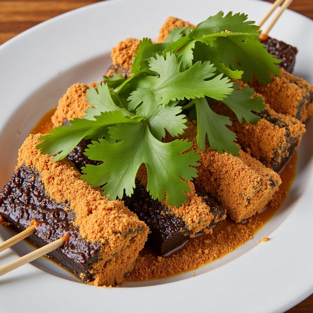 Pig Blood Cake,  elegantly placed on a plate with traditional bamboo skewers,  coated with fine powdered peanut flour on T...