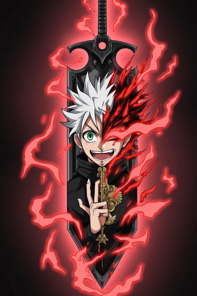 fusionblade-style,  spiky white-haired boy with green eyes,  fused with a large black sword engulfed in red demonic energy...