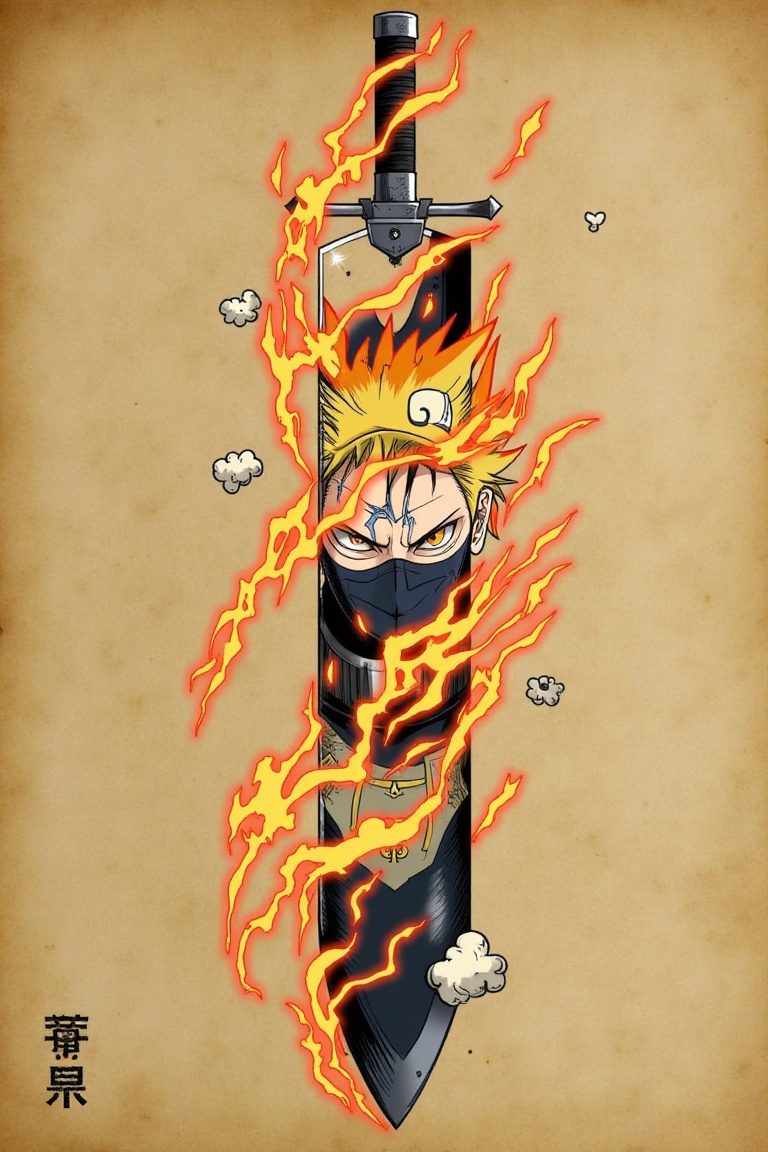 fusionblade-style,  golden-haired ninja in Baryon mode,  merged with a large kunai blade on Tensor.Art
