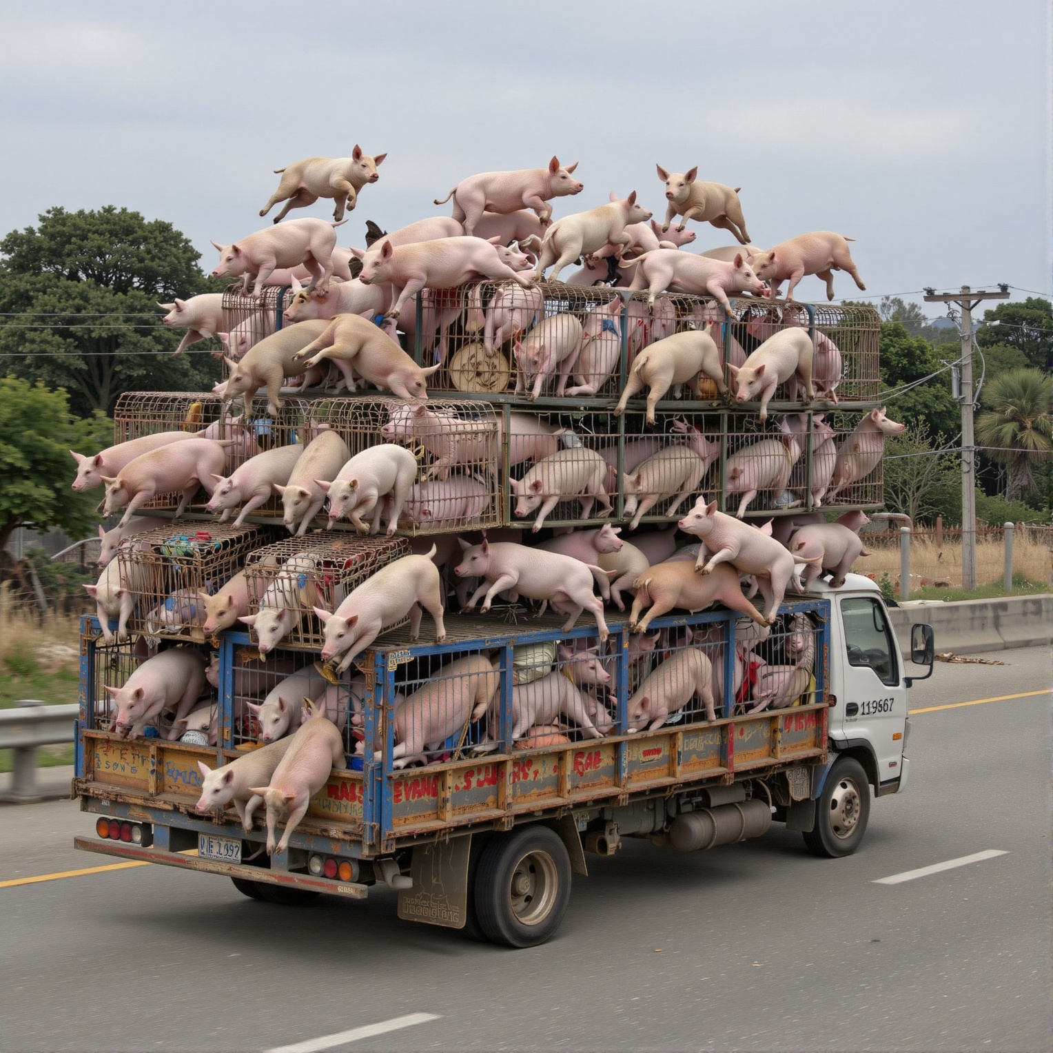 A colossal truck bed stacked five levels high with steel pig cages; as it barrels down the highway,  the topmost pigs leap...