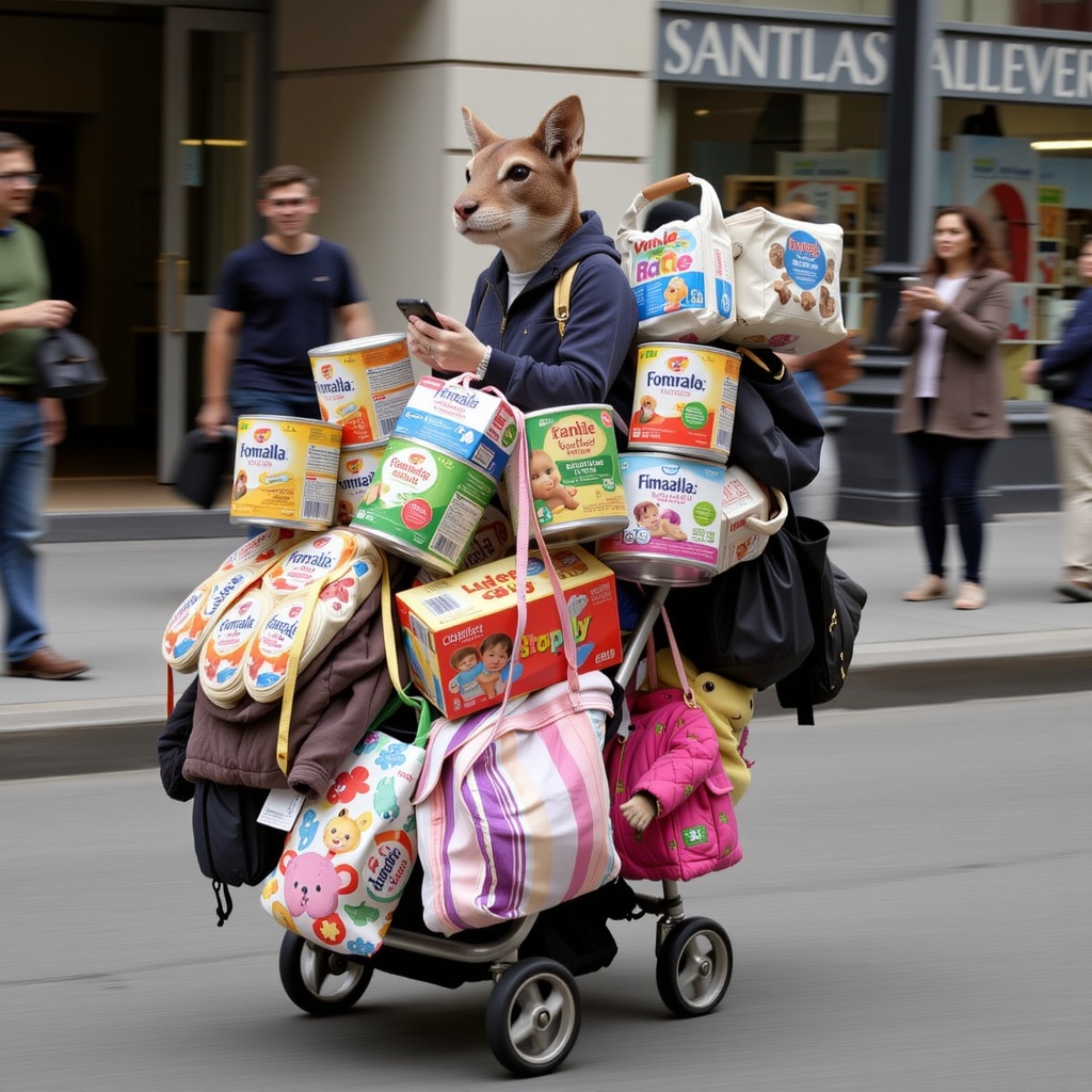 Overloaded.,  human-animal hybrid,  A baby stroller crammed with four BAGS of formula tins on Tensor.Art