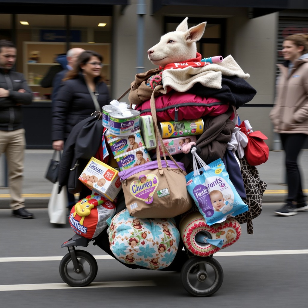 Overloaded.,  human-animal hybrid,  A baby stroller crammed with four BAGS of formula tins on Tensor.Art