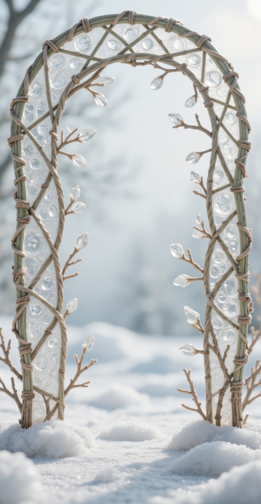 Frosted ice-vine weaving screen,  twisted willow branch frame with crystalline glaze,  interlaced rattan patterns embedded...