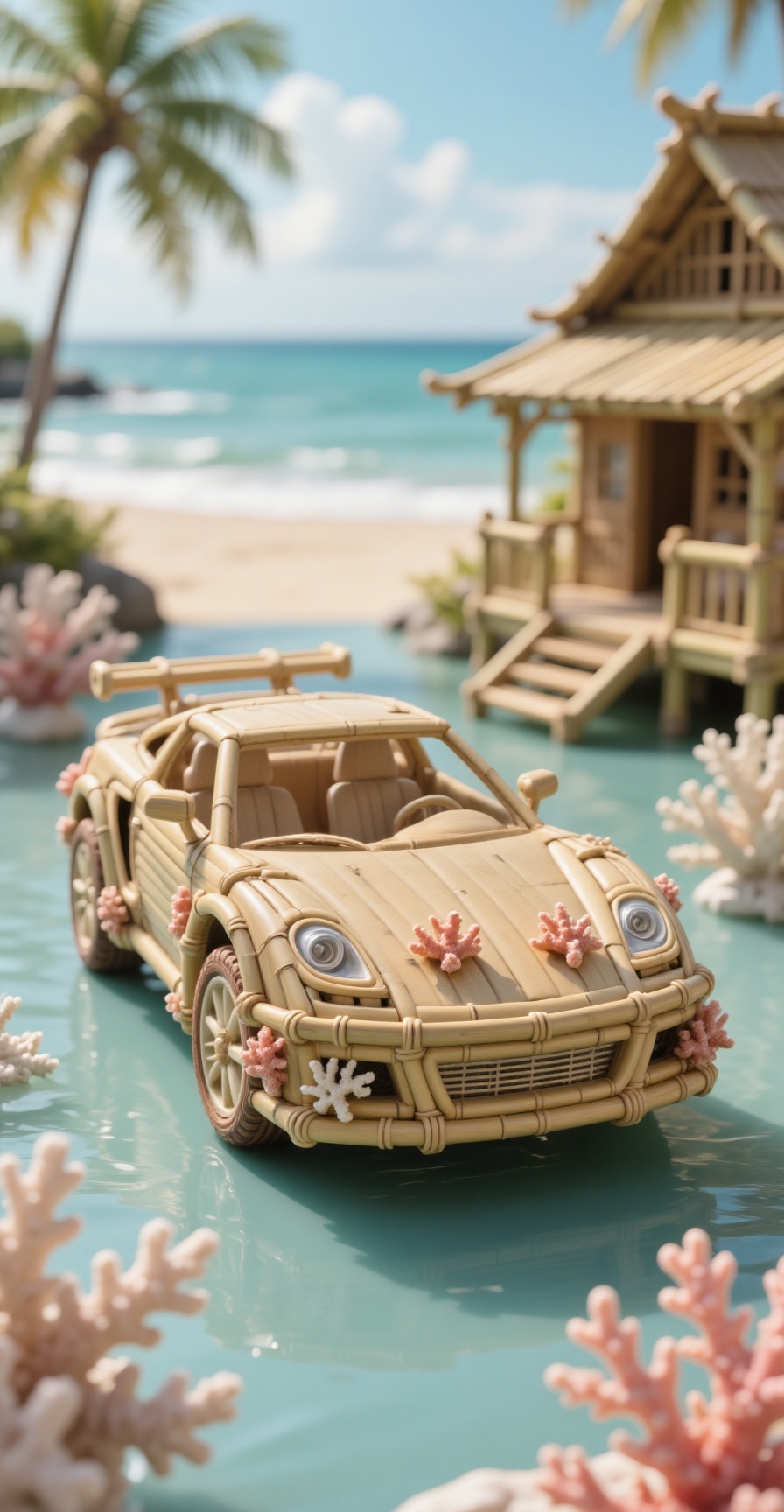 Bamboo Light sports car model photography,  streamlined bamboo sports car model with white trim,  placed on turquoise glas...