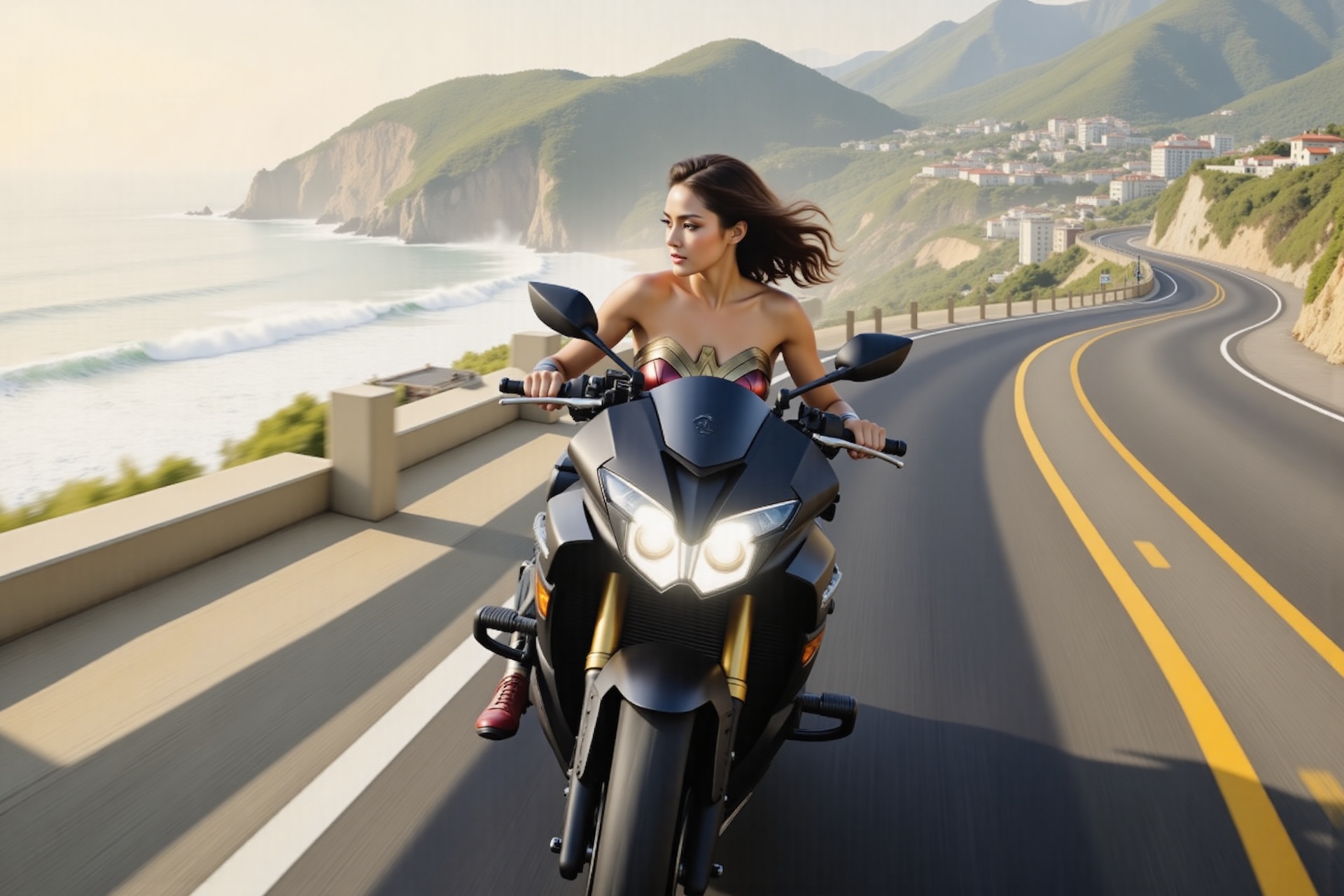 A beautiful woman,  20yo,  riding a black Kawasaki Ninja motorcycle along the coastal highway on Tensor.Art