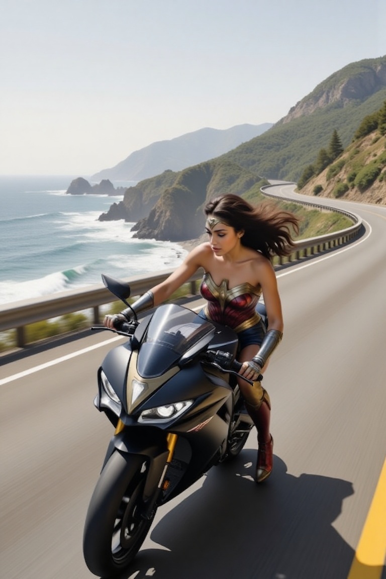 A beautiful woman,  20yo,  riding a black Kawasaki Ninja motorcycle along the coastal highway on Tensor.Art