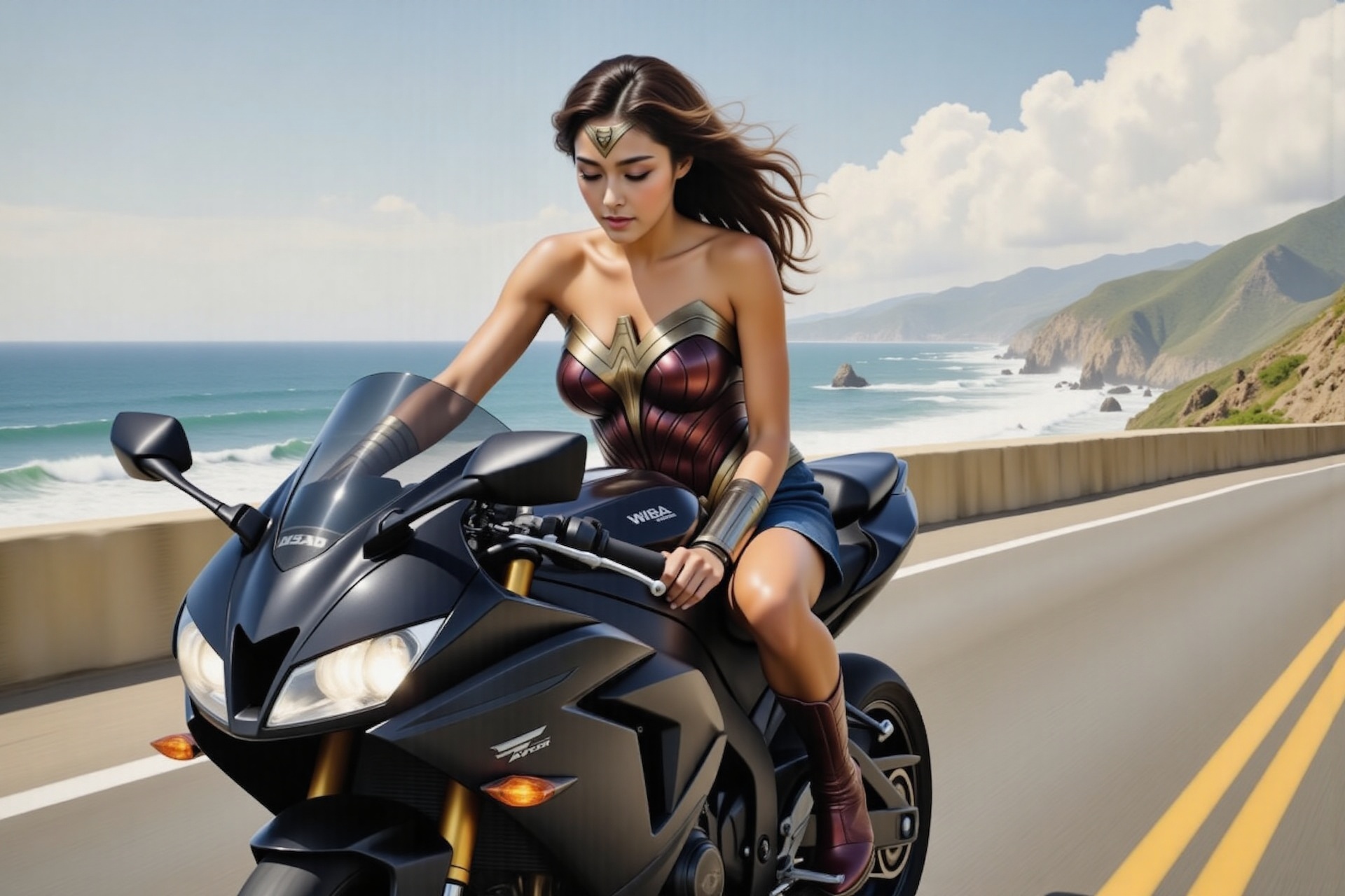 A beautiful woman,  20yo,  riding a black Kawasaki Ninja motorcycle along the coastal highway on Tensor.Art