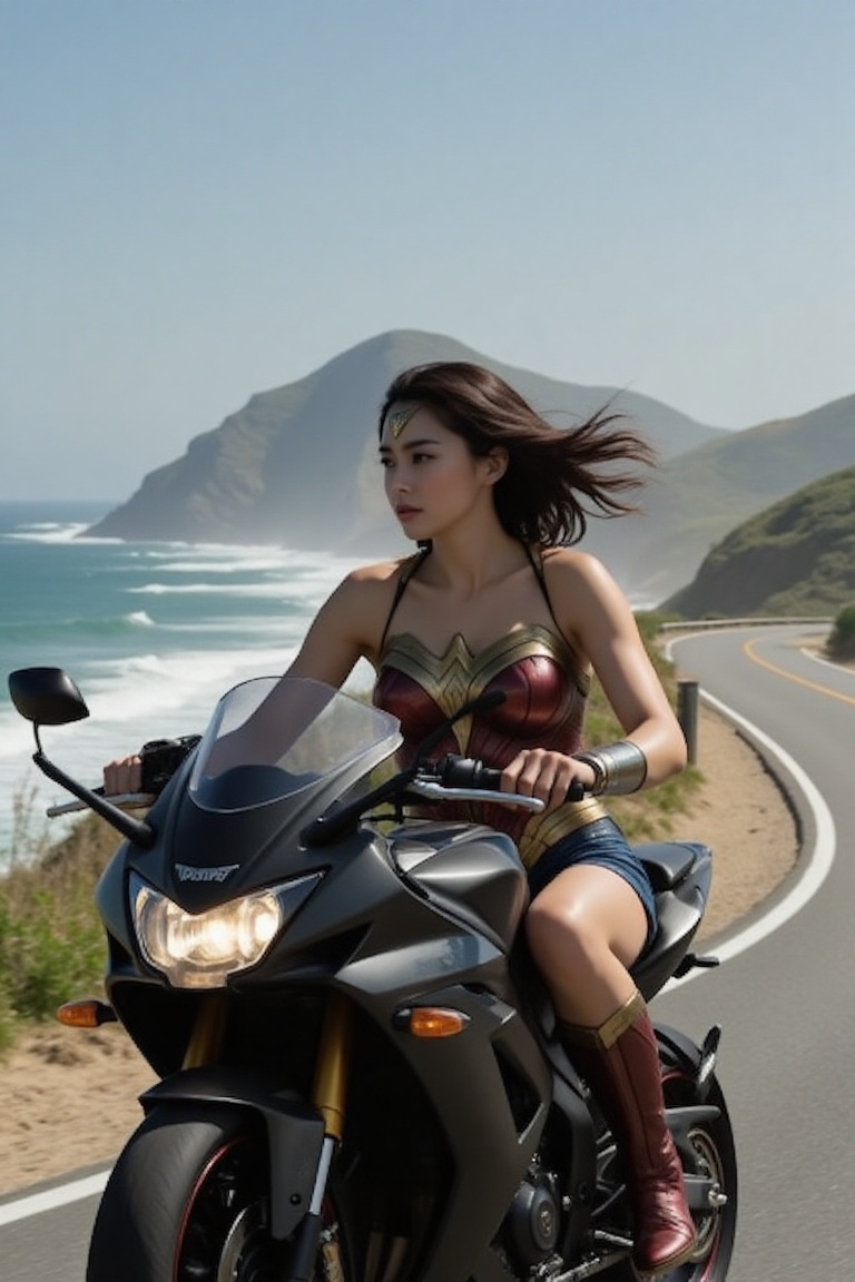 A beautiful woman,  20yo,  riding a black Kawasaki Ninja motorcycle along the coastal highway on Tensor.Art