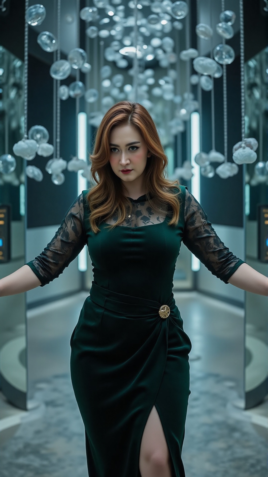 Inside a mirrored hall where light moves but time does not,  a woman with shoulder-length copper hair tied half-up twirls...