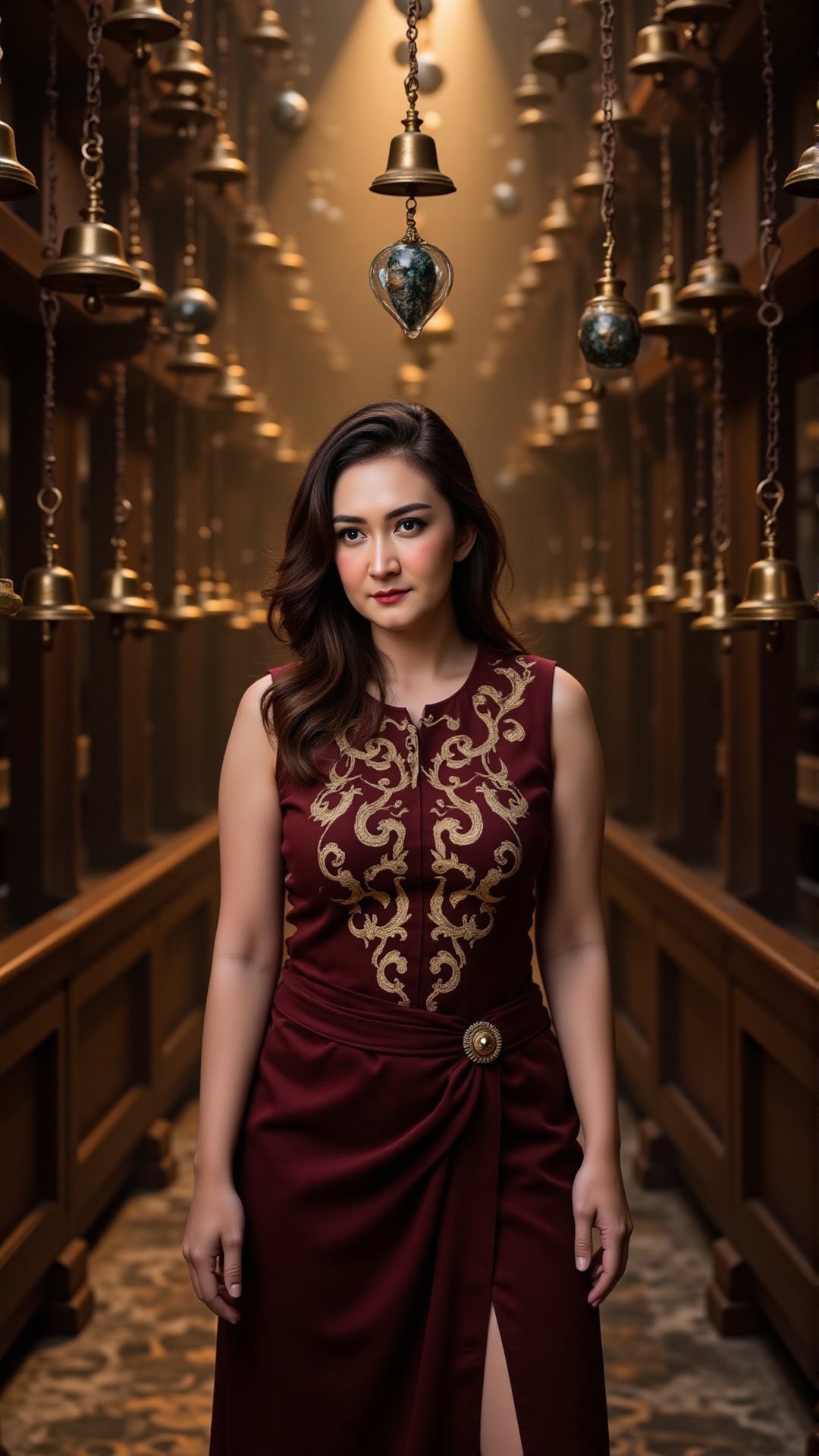 In a circular hall lined with motionless brass bells,  a woman with straight black hair tucked behind one ear stands under...