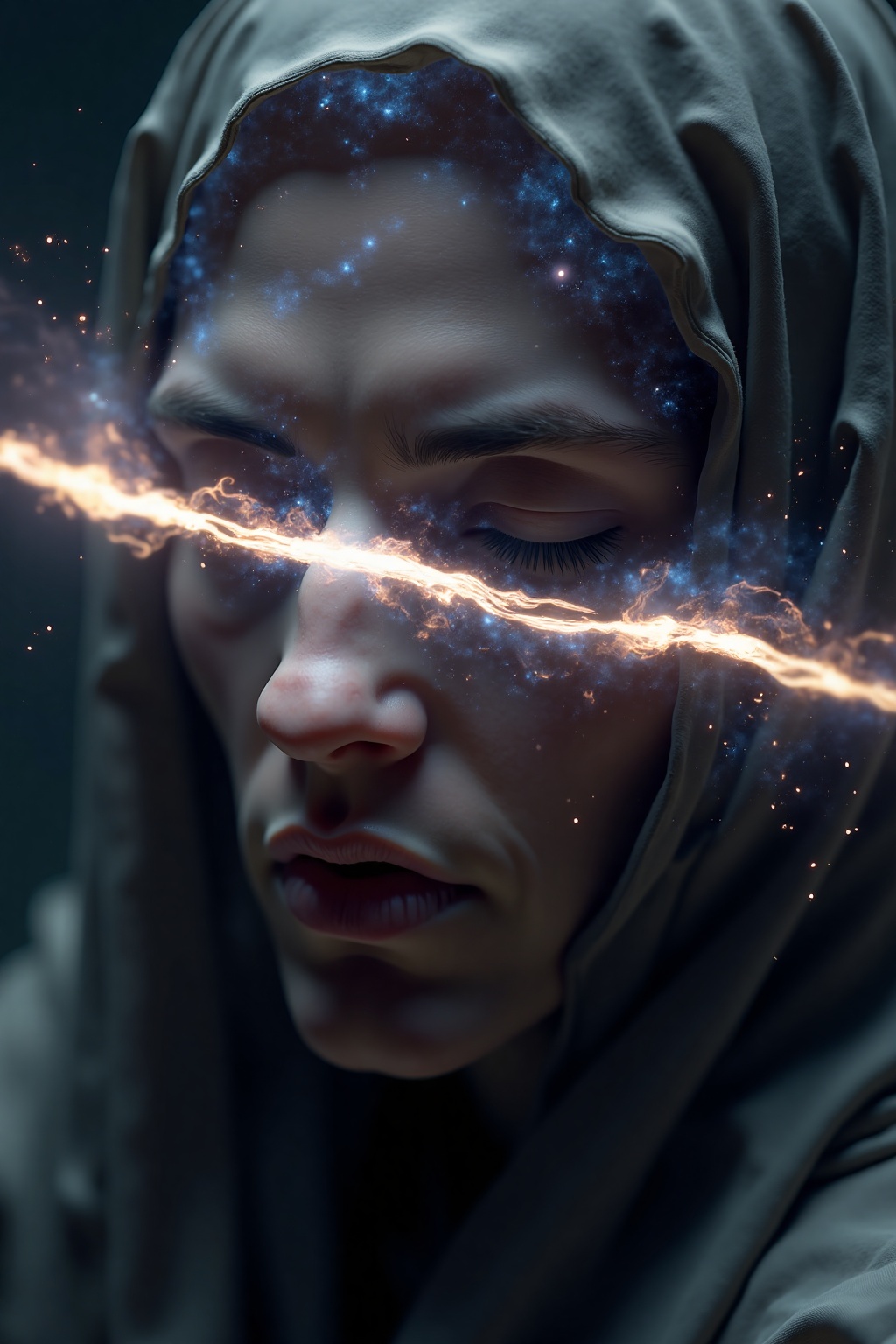 The image depicts a close-up of a human face partially obscured by a fabric-like material. The fabric appears to be draped...
