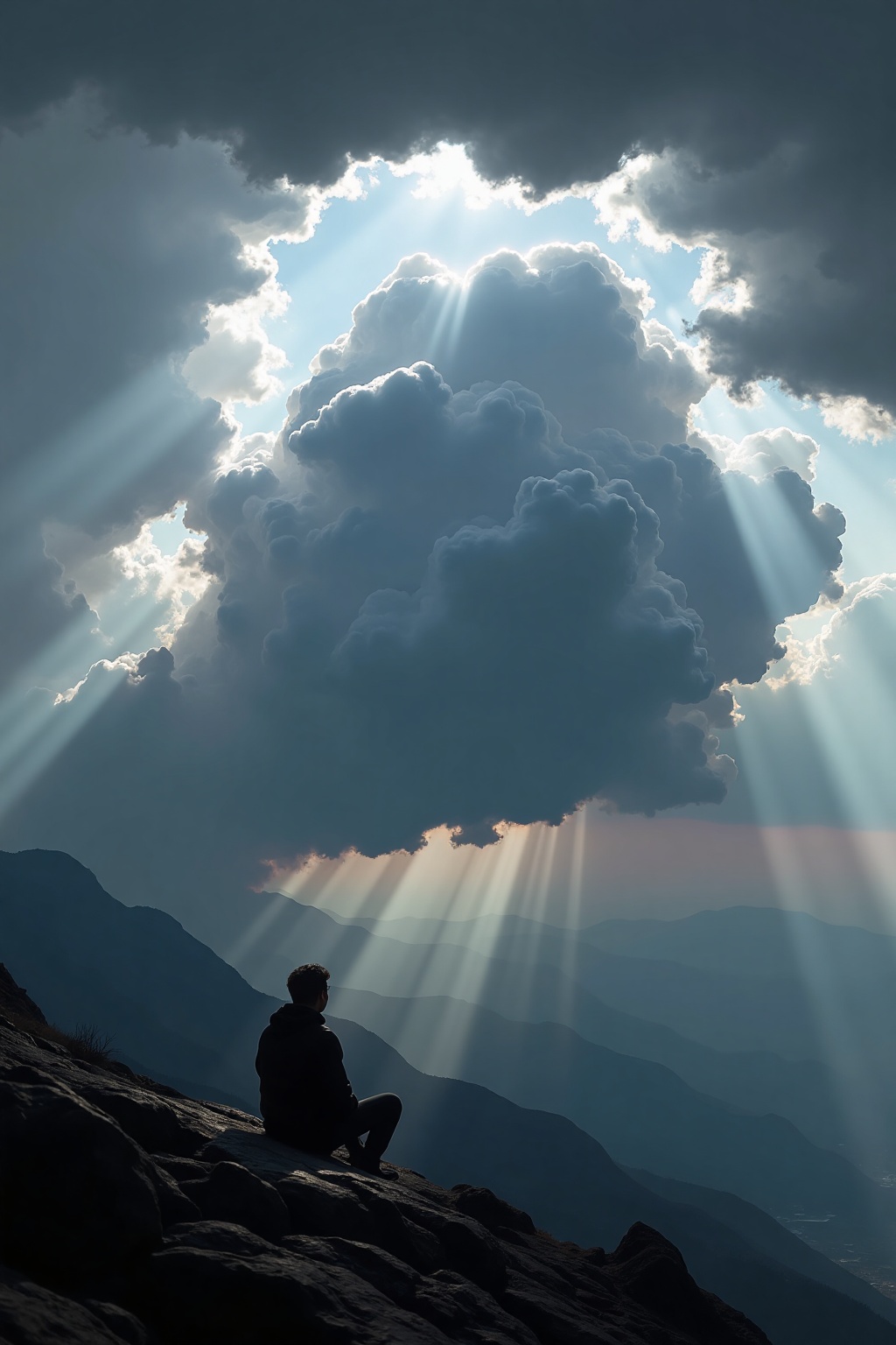 The image depicts a person sitting on a rocky outcrop,  gazing at a dramatic landscape. The person is silhouetted against...