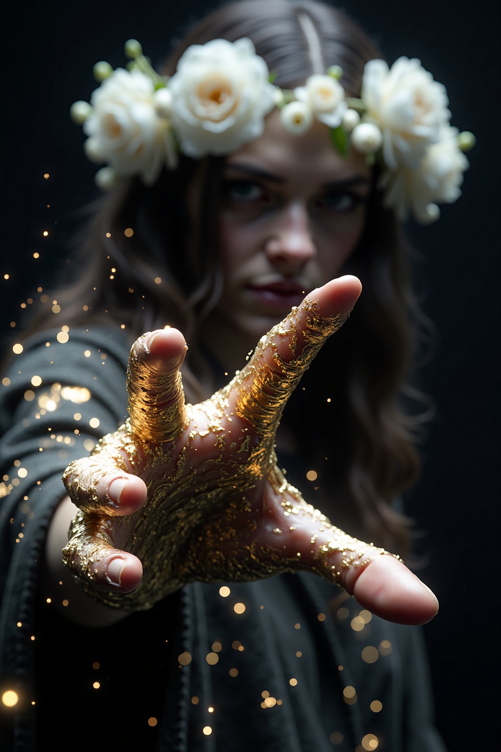 The image depicts a close-up of a hand reaching out towards the viewer,  covered in a textured,  golden substance that app...