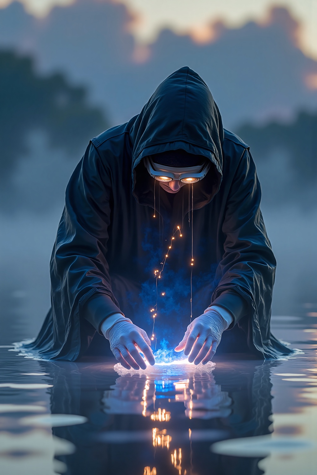 The image depicts a figure in a dark,  hooded cloak,  kneeling in shallow water. The figure's face is partially obscured b...