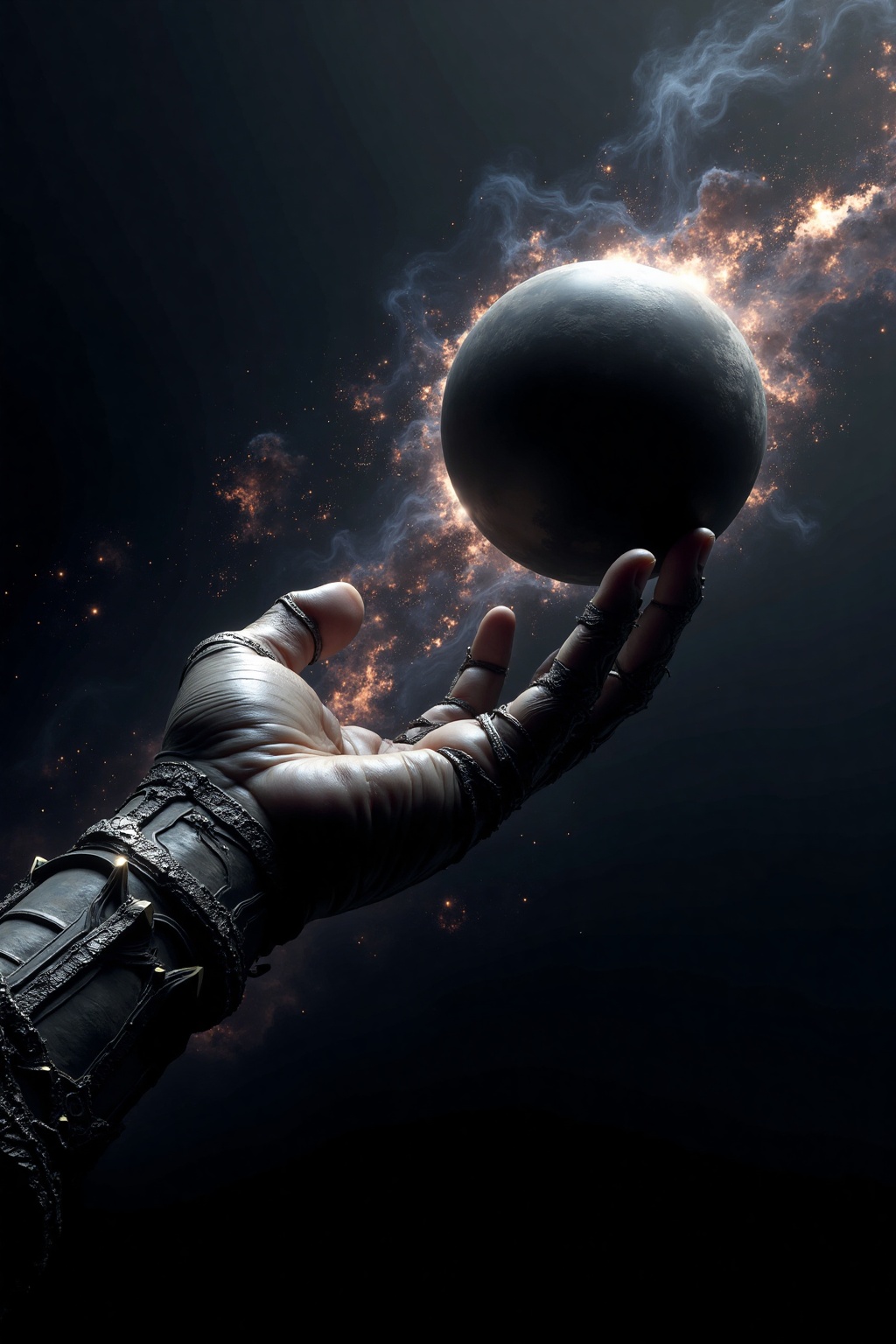 The image depicts a hand reaching out towards a celestial object,  which appears to be a black planet or moon. The hand is...