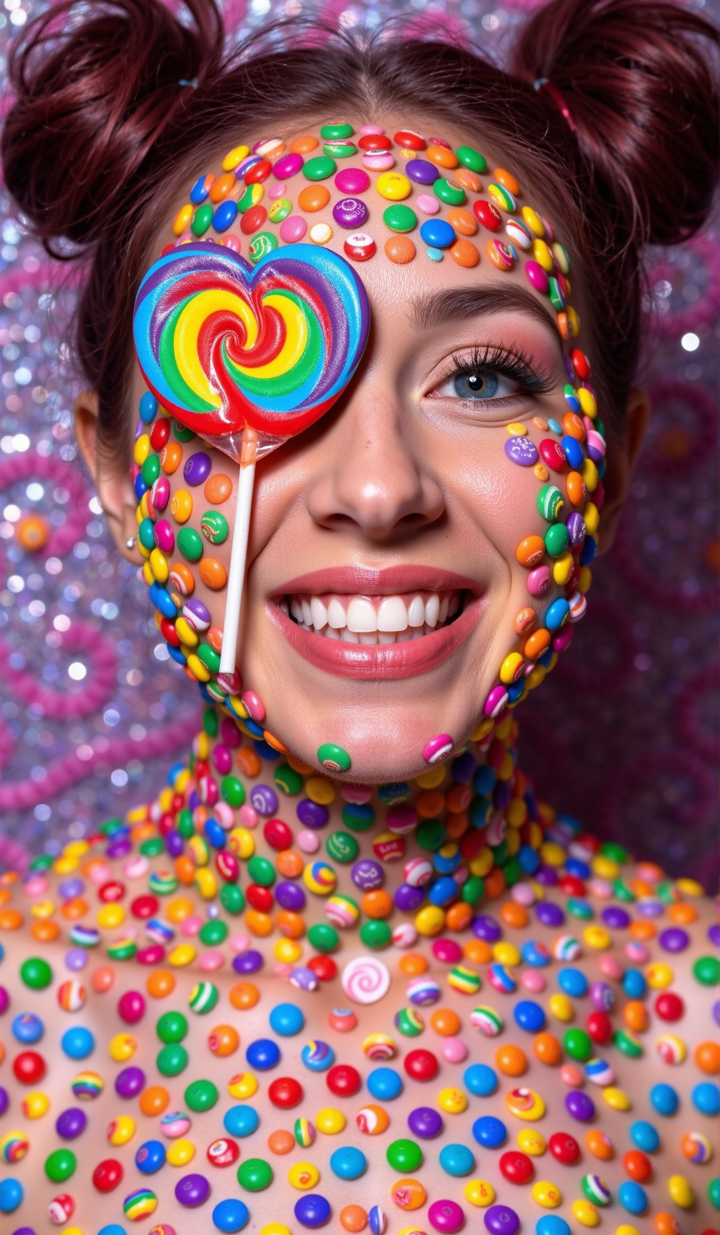 A whimsical and vibrant candy-themed portrait. The subject's face is adorned with full array of colorful small orb candies...