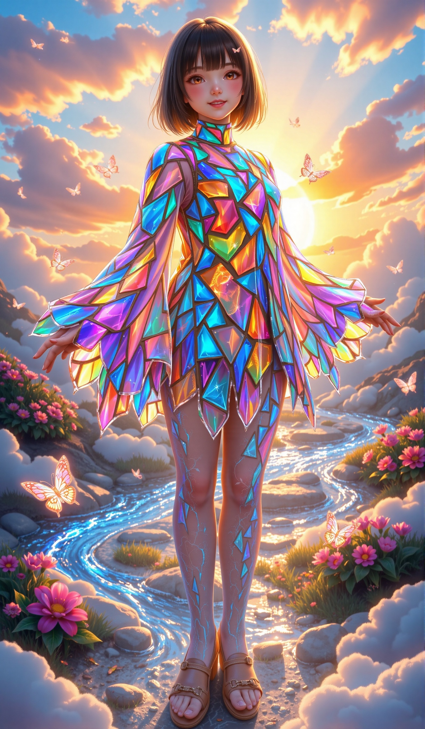 This image showcases a girl,  radiating charm and creativity in a visually stunning scene. Her trademark bangs frame her l...