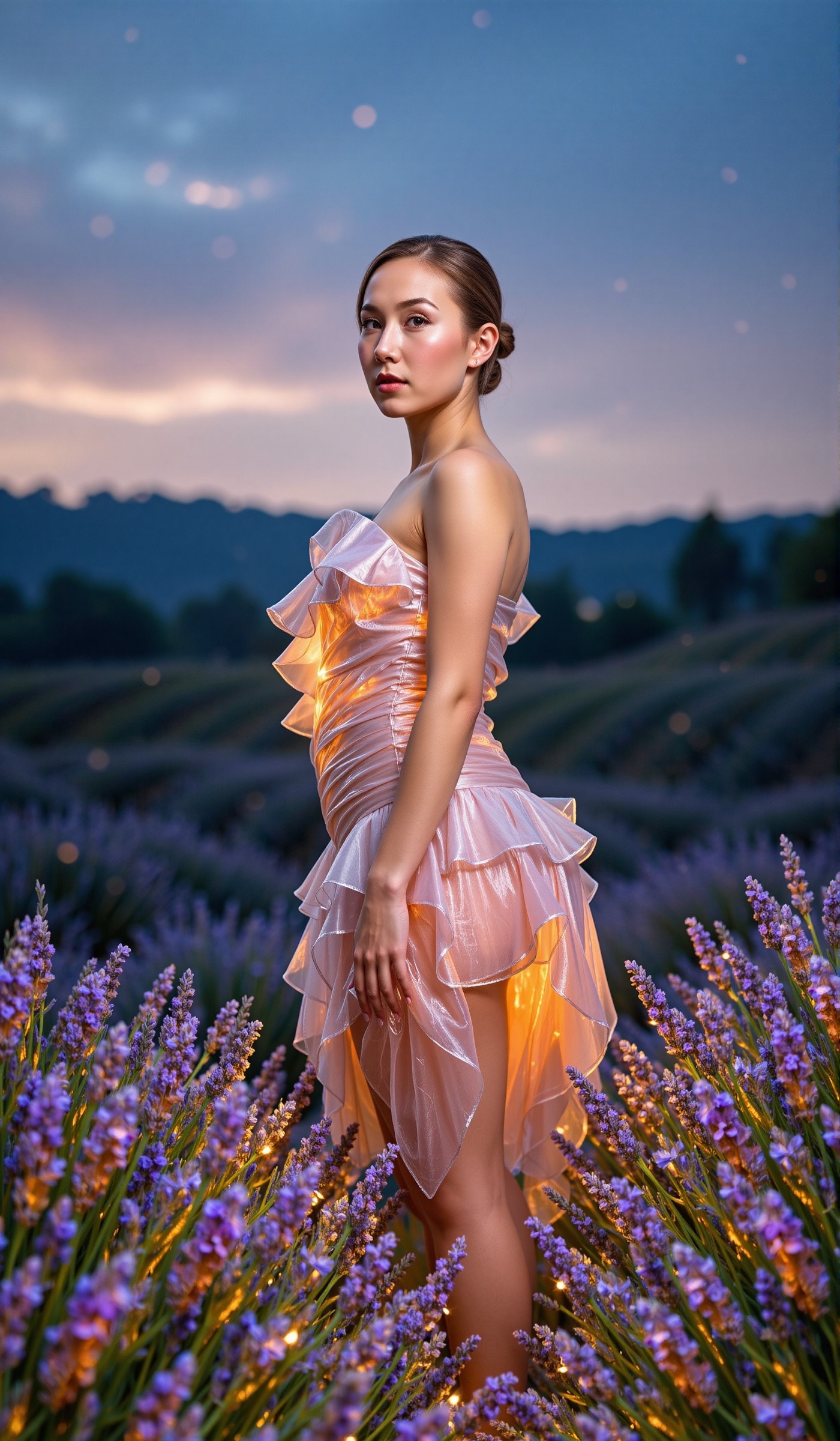 A surreal depiction of woman,  her figure glowing softly against a backdrop of rolling lavender fields under a dusky sky....