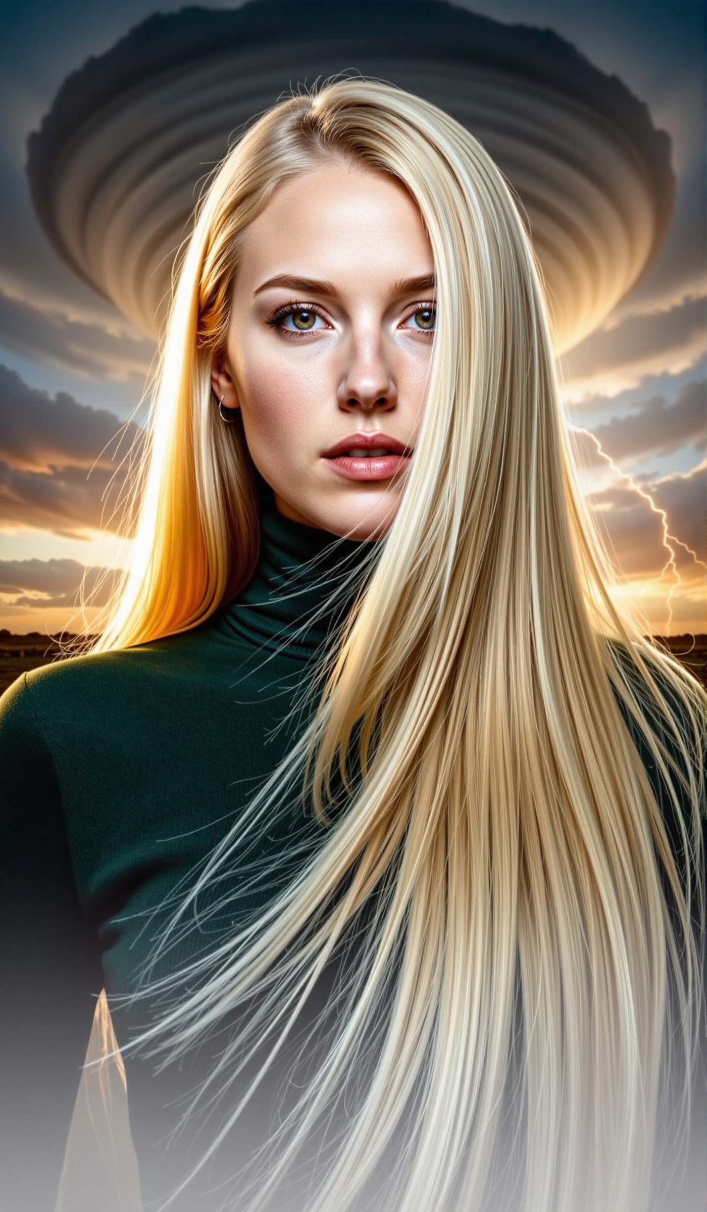Photorealistic close-up portrait of a blonde woman with extremely long,  pin-straight hair cascading down her shoulders,...