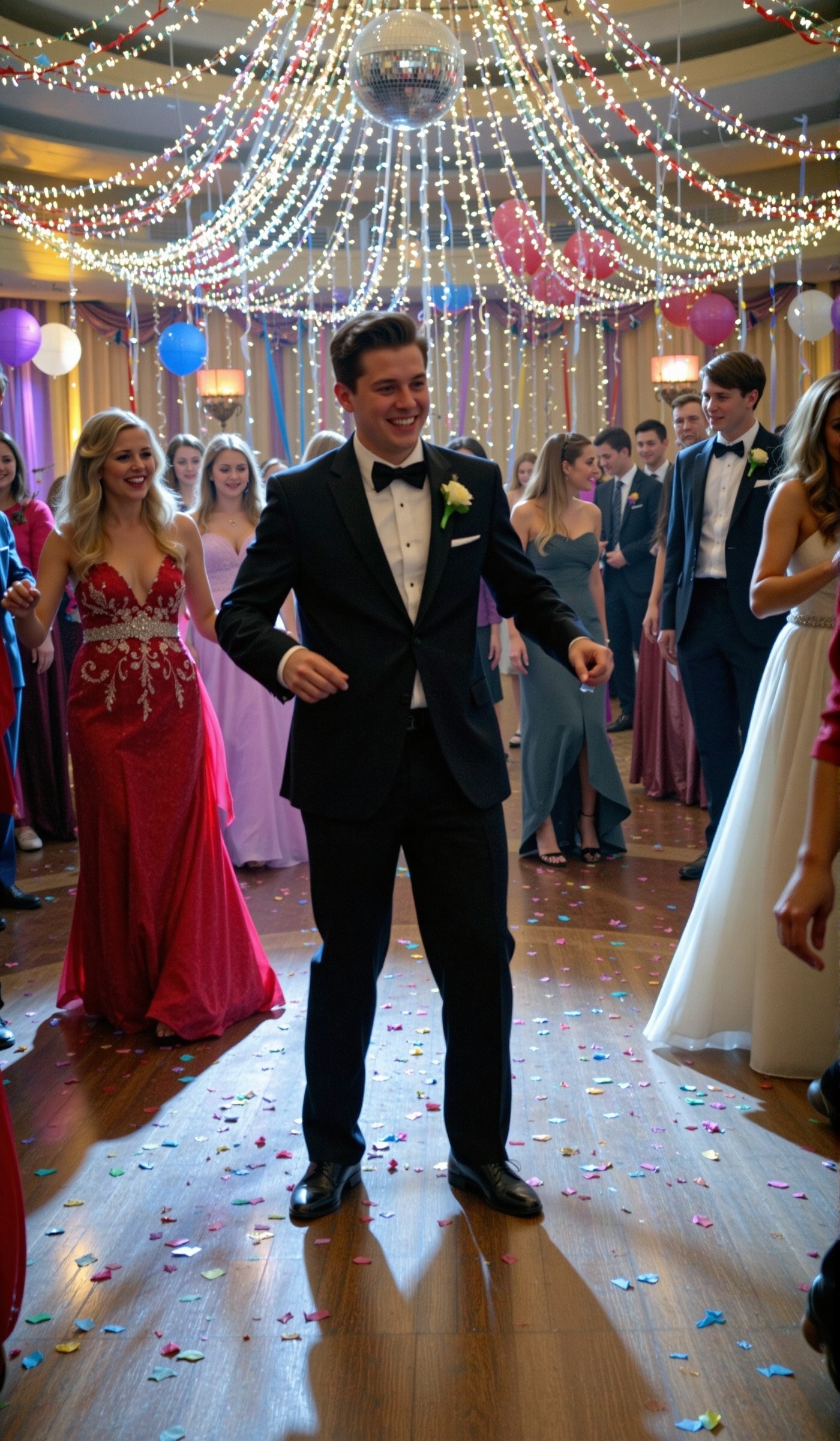 A glamorous high school prom night,  elegant teenagers in formal evening wear dancing under twinkling fairy lights,  a dec...