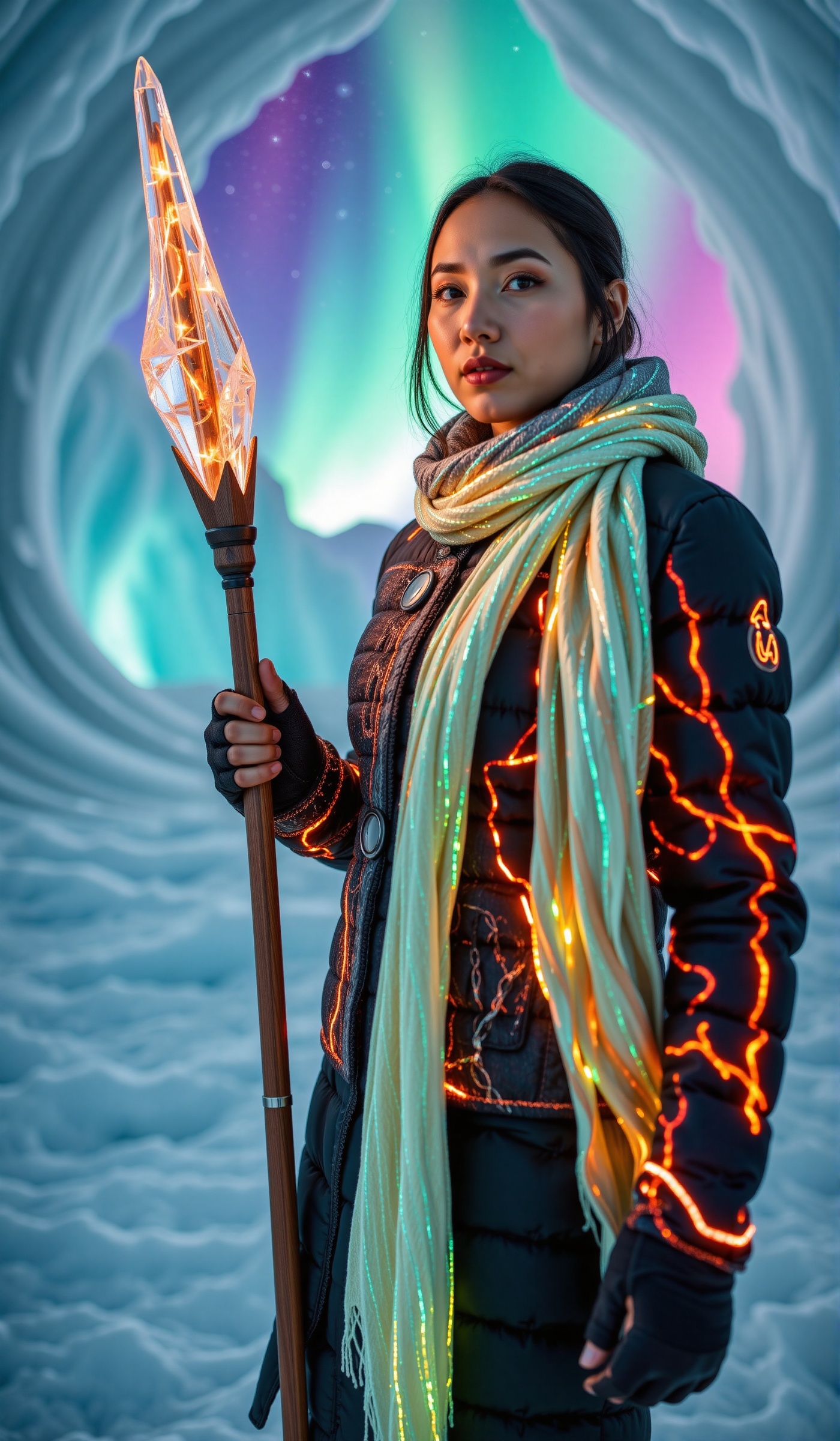 close-up face of woman is portrayed as a futuristic explorer in a stark,  icy landscape under an aurora-filled sky. Her at...