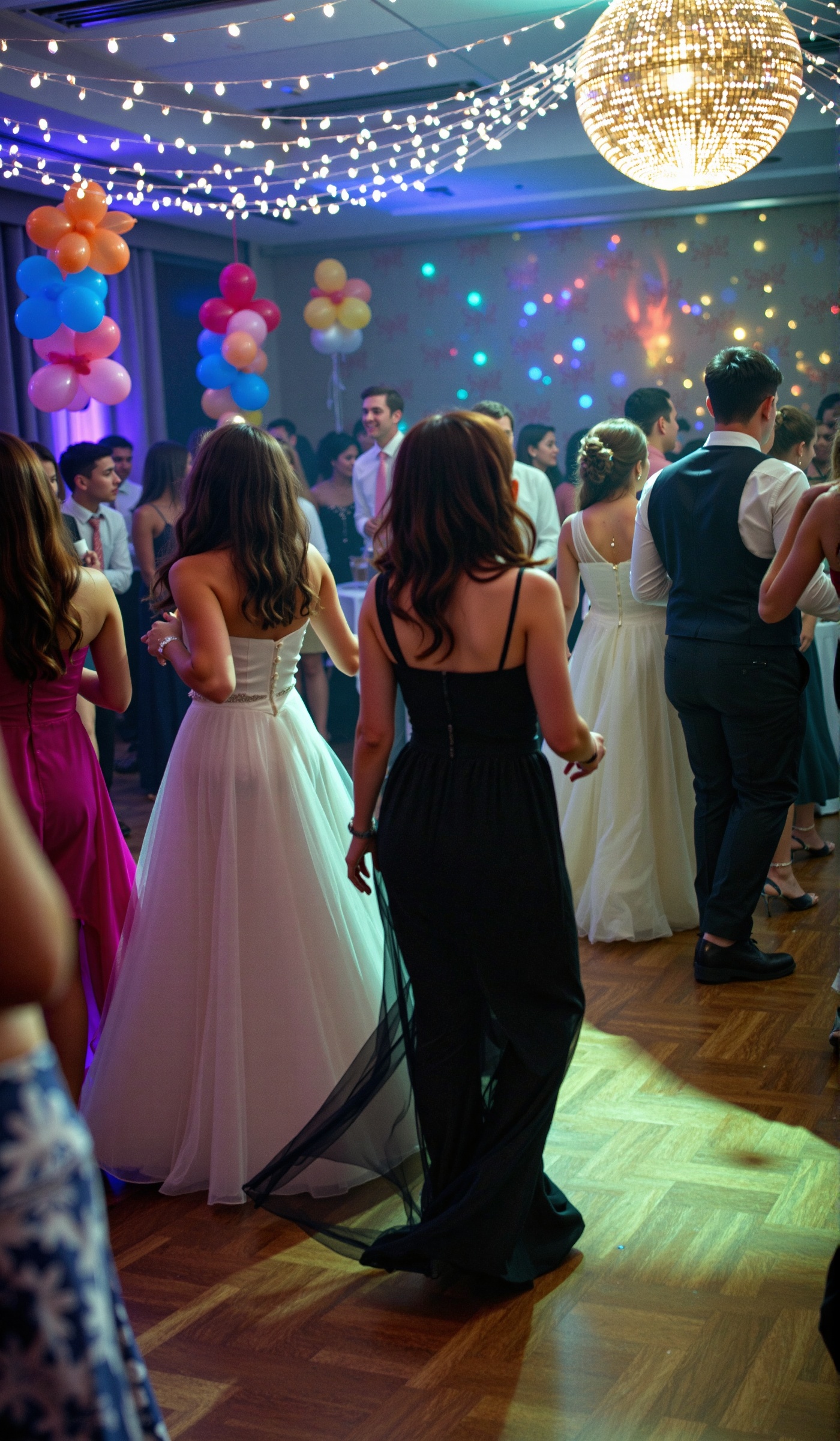 A glamorous high school prom night,  elegant teenagers in formal evening wear dancing under twinkling fairy lights,  a dec...