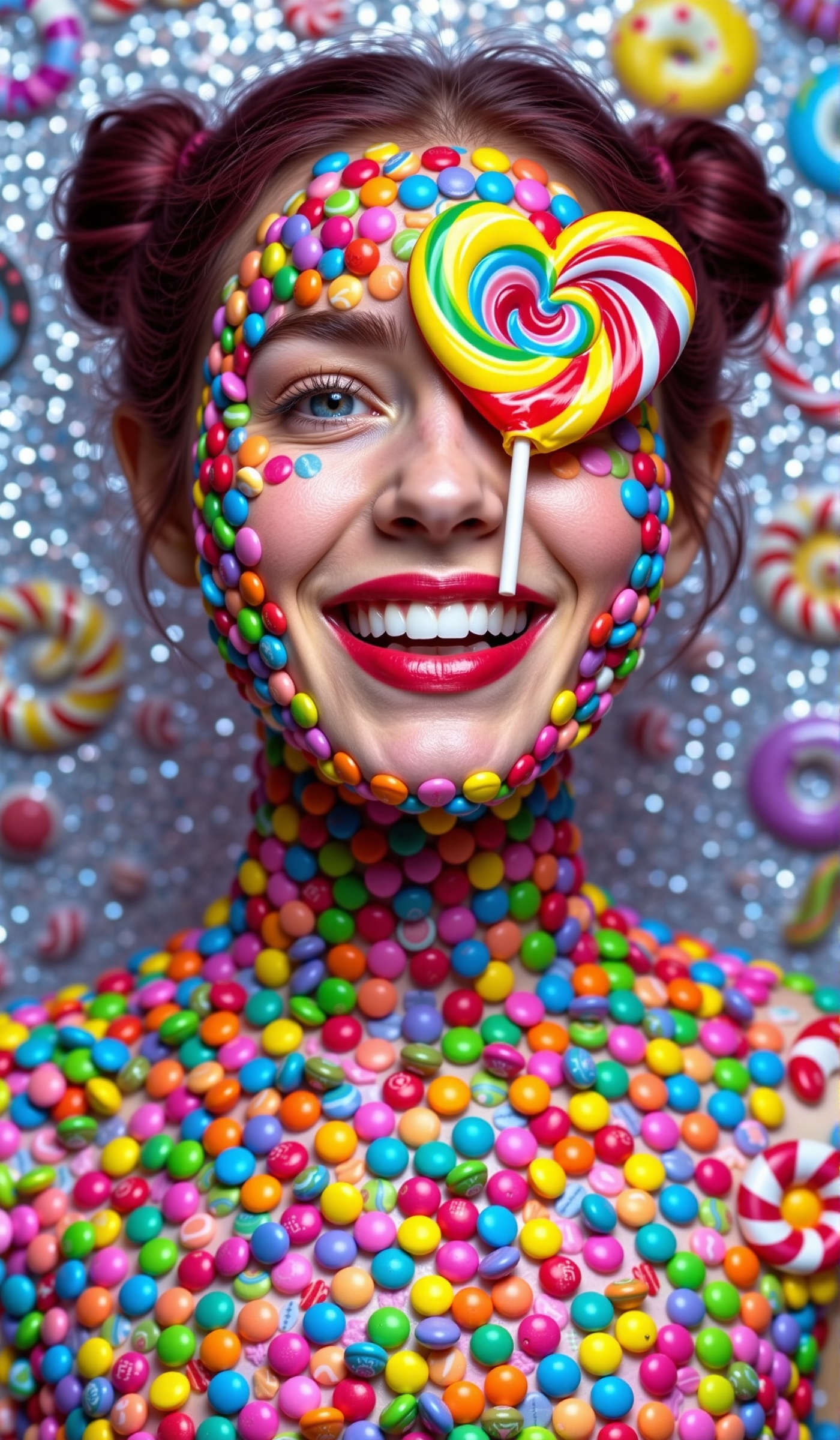 A whimsical and vibrant candy-themed portrait. The subject's face is adorned with full array of colorful small orb candies...