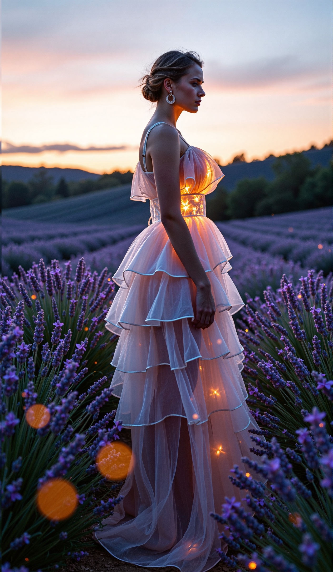 A surreal depiction of woman,  her figure glowing softly against a backdrop of rolling lavender fields under a dusky sky....