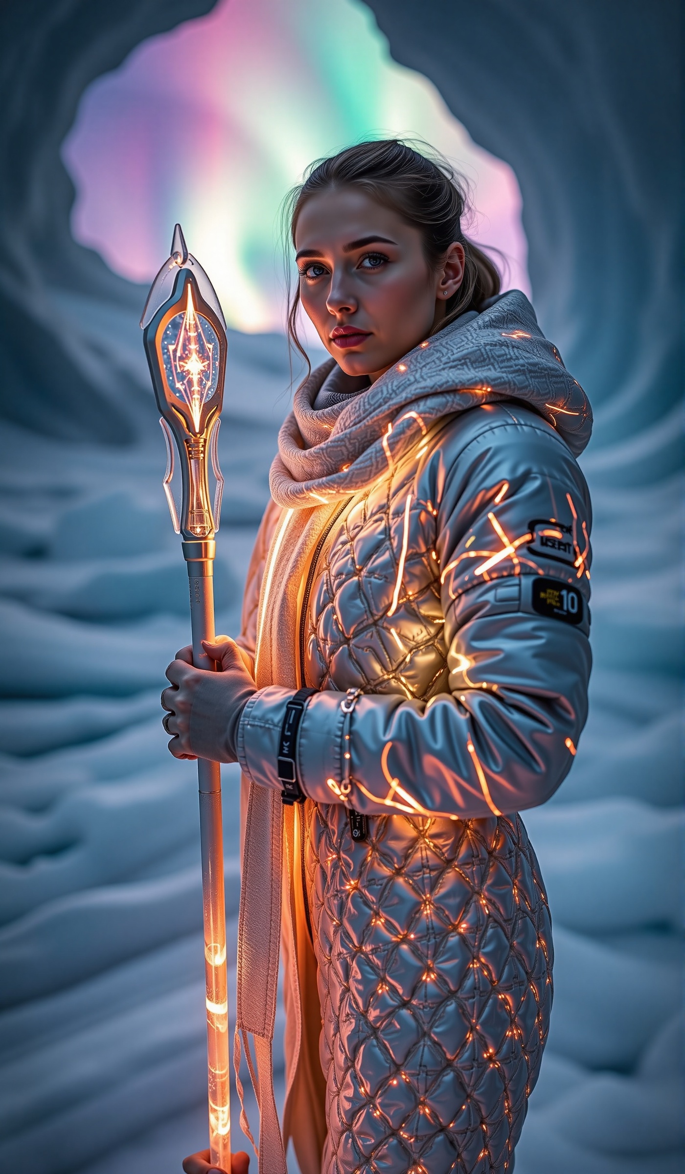 close-up face of woman is portrayed as a futuristic explorer in a stark,  icy landscape under an aurora-filled sky. Her at...
