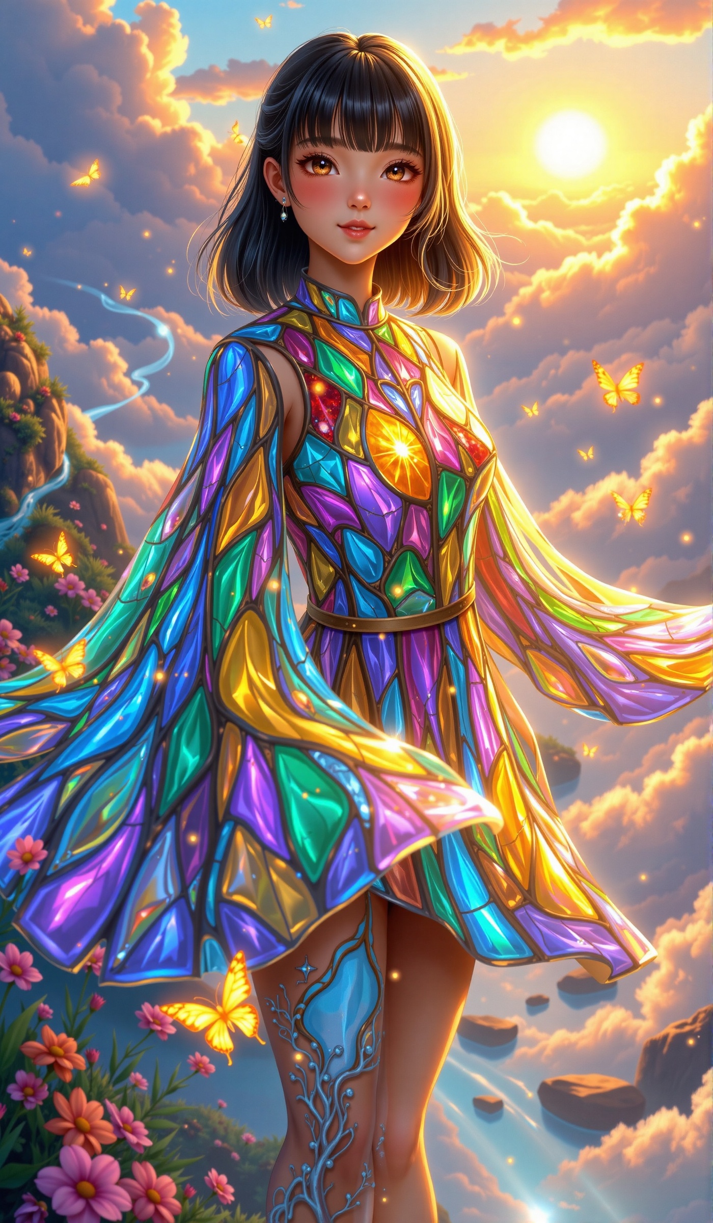 This image showcases a girl,  radiating charm and creativity in a visually stunning scene. Her trademark bangs frame her l...