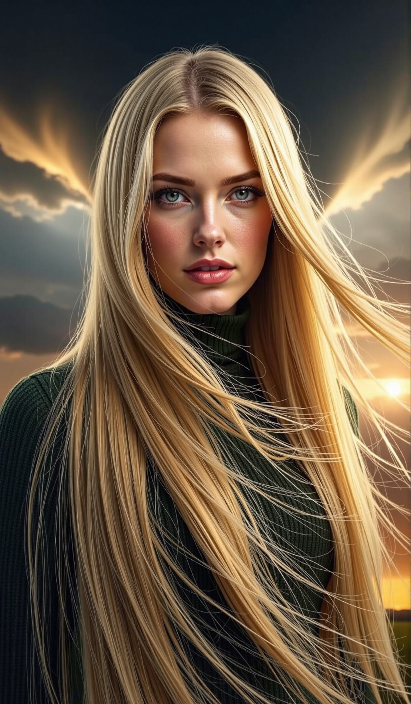 Photorealistic close-up portrait of a blonde woman with extremely long,  pin-straight hair cascading down her shoulders,...
