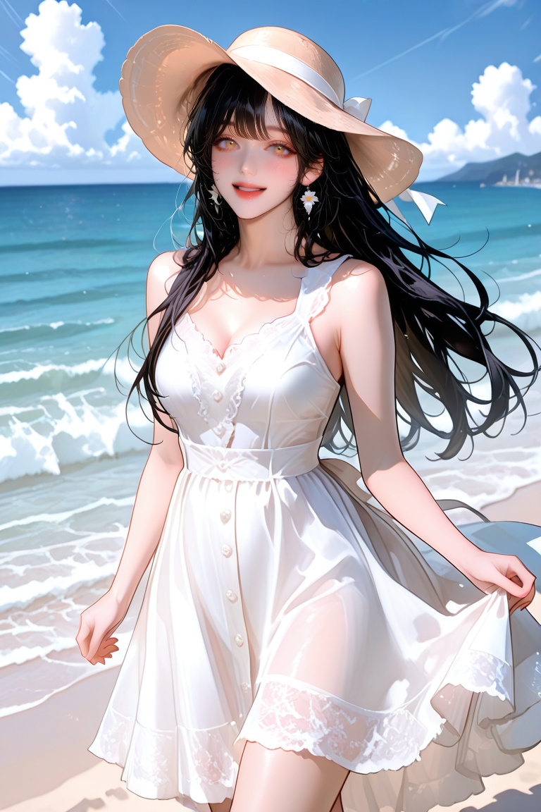 beautiful young woman,  long flowing hair,  wearing a wide-brimmed sun hat on Tensor.Art