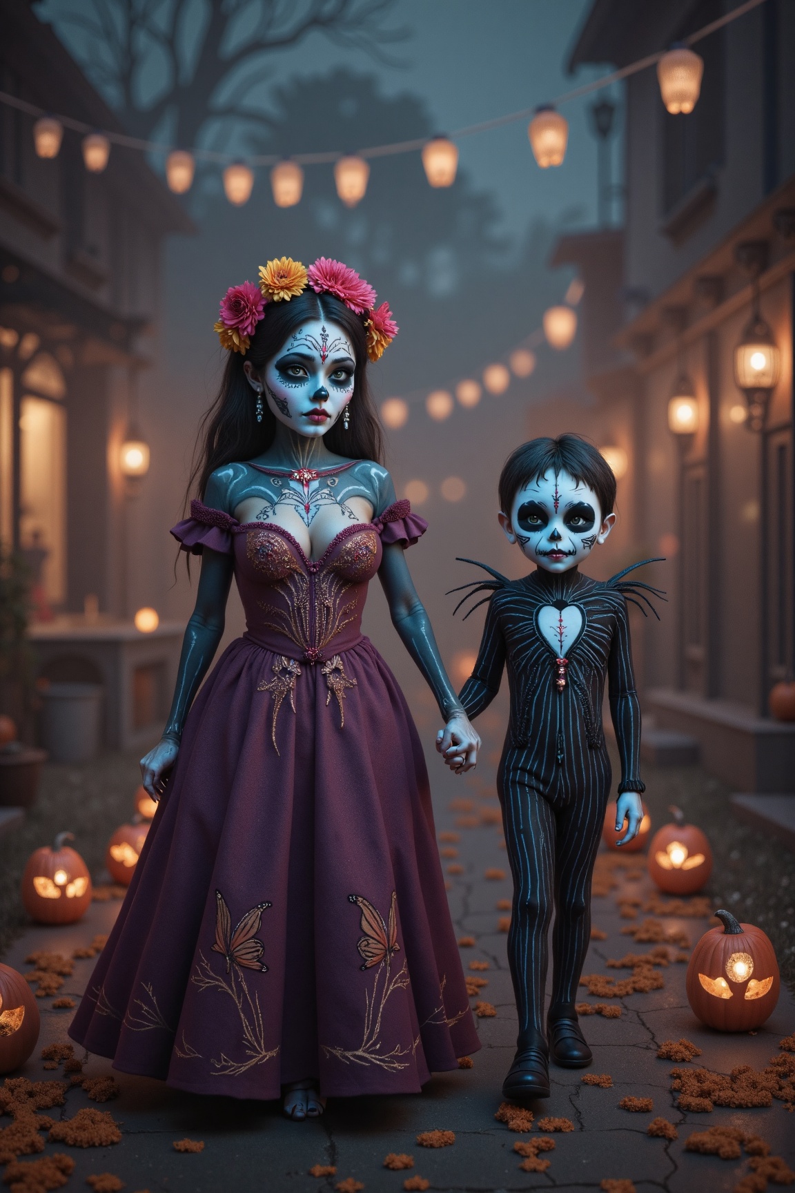 This is a highly detailed d0td91rl style digital illustration of,  a couple merging elements of Halloween and Día de Muert...